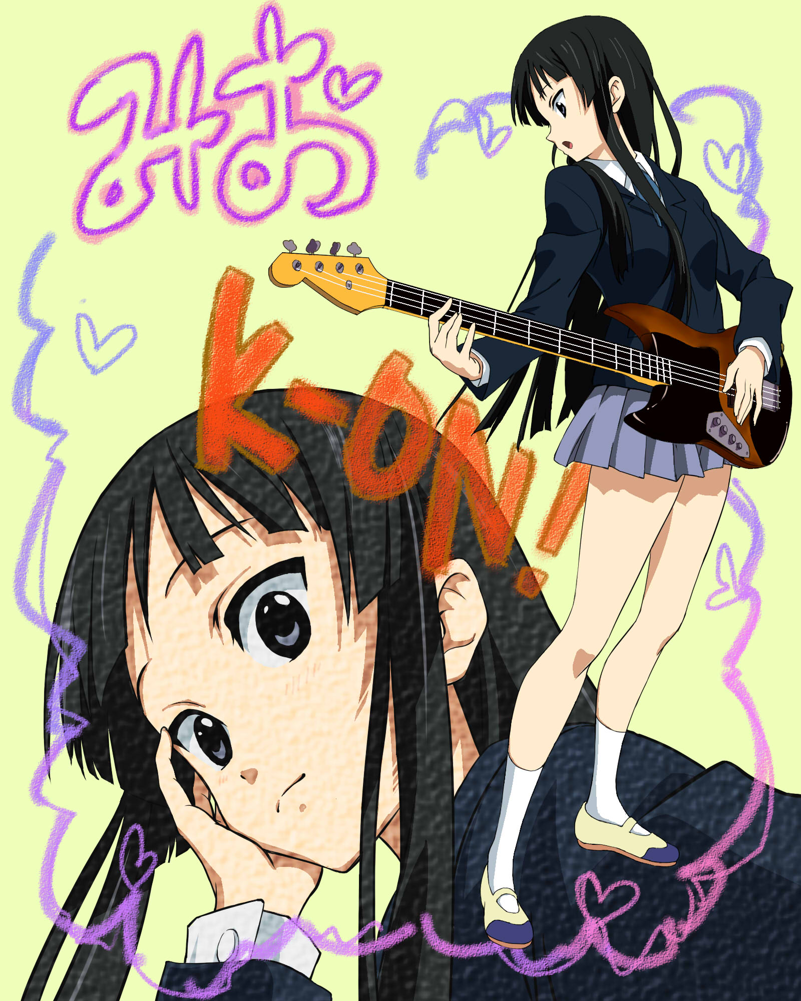 manekko buta, akiyama mio, k-on!, bad id, bad pixiv id, highres, 00s, 1girl, bass guitar, black hair, blazer, blue eyes, blunt bangs, chalk, crayon, female focus, guitar, heart, hime cut, instrument, jacket, long hair, pleated skirt, school uniform, shoes, skirt, smile, socks, solo, uwabaki, white socks
