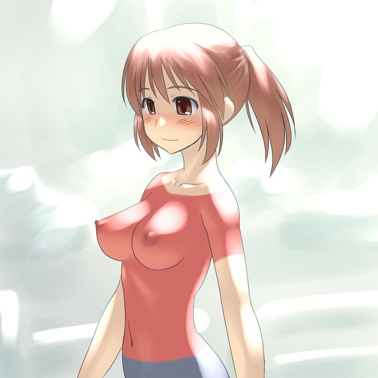 aaaa (quad-a), original, bad id, bad pixiv id, highres, 1girl, blush, bodypaint, breasts, brown eyes, brown hair, false clothes, female focus, naked paint, navel, nipples, nude, outdoors, painted clothes, perky breasts, ponytail, public indecency, smile, solo, zenra