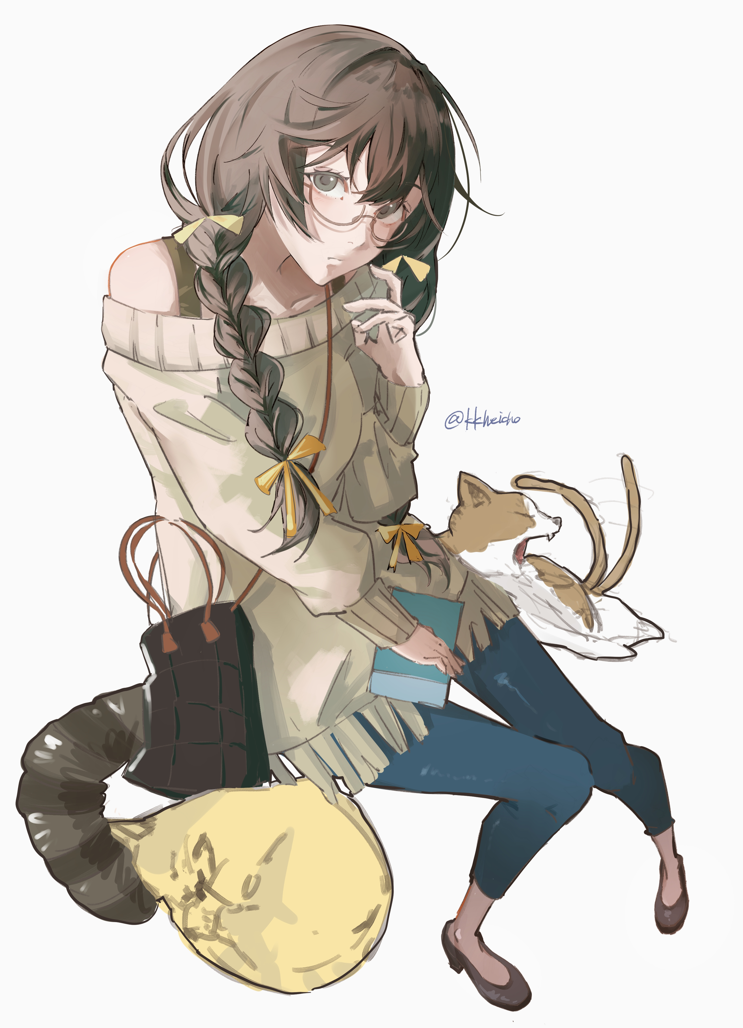 kkheicho, hanekawa tsubasa, monogatari (series), absurdres, highres, 1girl, artist name, blue pants, braid, brown hair, brown shoes, cat, closed mouth, from above, glasses, grey eyes, grey sweater, hand to own mouth, long hair, pants, shoes, simple background, sitting, solo, sweater, twin braids, white background