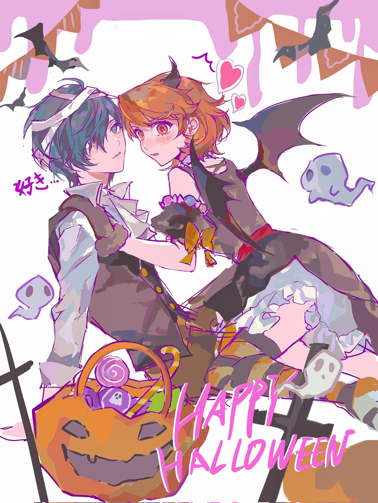 surielye, takeba yukari, yuuki makoto (persona 3), persona, persona 3, commentary, english commentary, highres, 1boy, 1girl, ^^^, alternate costume, arm support, ascot, bandaged head, bandages, bare shoulders, bat (animal), black dress, black gloves, black thighhighs, black vest, blue hair, blush, brown eyes, brown hair, candy, demon horns, demon wings, dress, earrings, flipped hair, food, from side, ghost, girl on top, gloves, halloween, halloween bucket, halloween costume, hand on another's shoulder, happy halloween, heart, horns, jewelry, looking at viewer, looking to the side, off-shoulder dress, off shoulder, parted lips, puffy short sleeves, puffy sleeves, pumpkin, shirt, short hair, short sleeves, sitting, sitting on lap, sitting on person, striped clothes, striped thighhighs, stud earrings, surprised, thighhighs, vest, white ascot, white shirt, wings