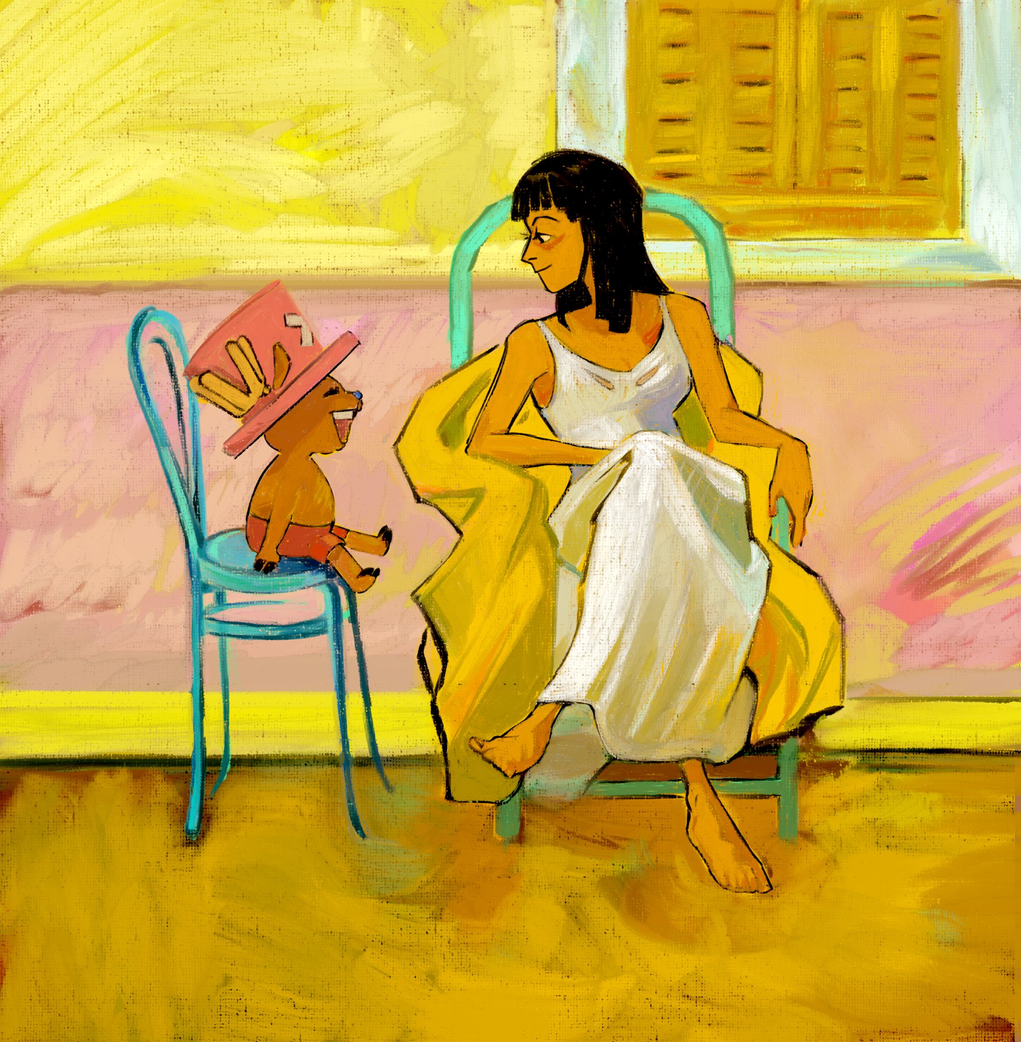 0000alisa, nico robin, tony tony chopper, one piece, commentary, english commentary, highres, 1boy, 1girl, ^ ^, antlers, barefoot, black hair, blue nose, closed eyes, crossed arms, dress, full body, hat, horns, looking at another, pink hat, reindeer antlers, shorts, sitting, smile, white dress