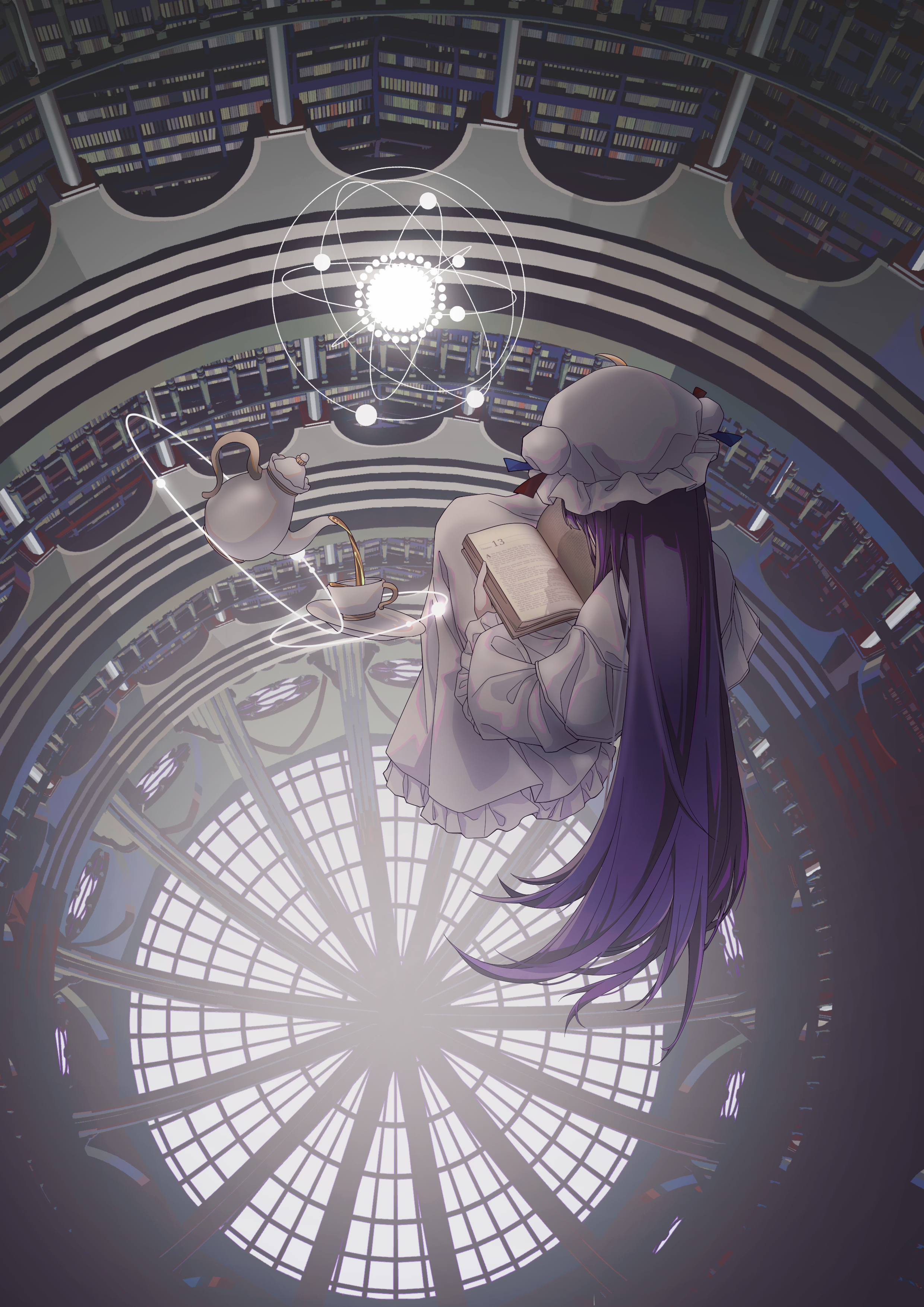 zhihuaiqiang, patchouli knowledge, touhou, absurdres, chinese commentary, commentary request, highres, 1girl, book, bookshelf, cup, floating, frills, from above, from behind, hat, holding, holding book, library, long hair, long sleeves, mob cap, open book, pouring, purple hair, reading, robe, solo, teacup, teapot, very long hair, white robe