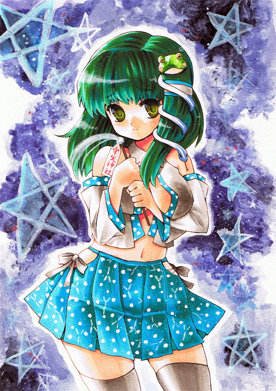 kidanieru, kochiya sanae, touhou, acrylic paint (medium), bad id, bad pixiv id, colored pencil (medium), marker (medium), painting (medium), traditional media, 1girl, breasts, detached sleeves, female focus, frog, green eyes, green hair, hair ornament, matching hair/eyes, midriff, navel, pleated skirt, short hair, skirt, snake, solo, thighhighs