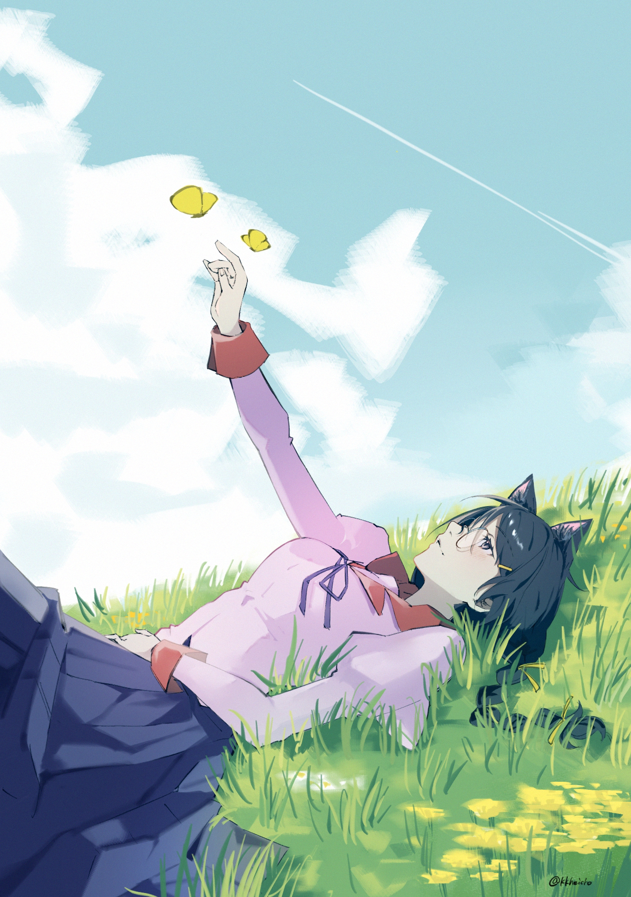 kkheicho, hanekawa tsubasa, monogatari (series), highres, 1girl, animal ears, artist name, black hair, braid, breasts, bug, butterfly, cat ears, closed mouth, cloud, cloudy sky, day, glasses, grass, insect, large breasts, light smile, long hair, looking at animal, lying, on back, outdoors, outstretched arm, pink shirt, purple eyes, shirt, skirt, sky, solo, twin braids