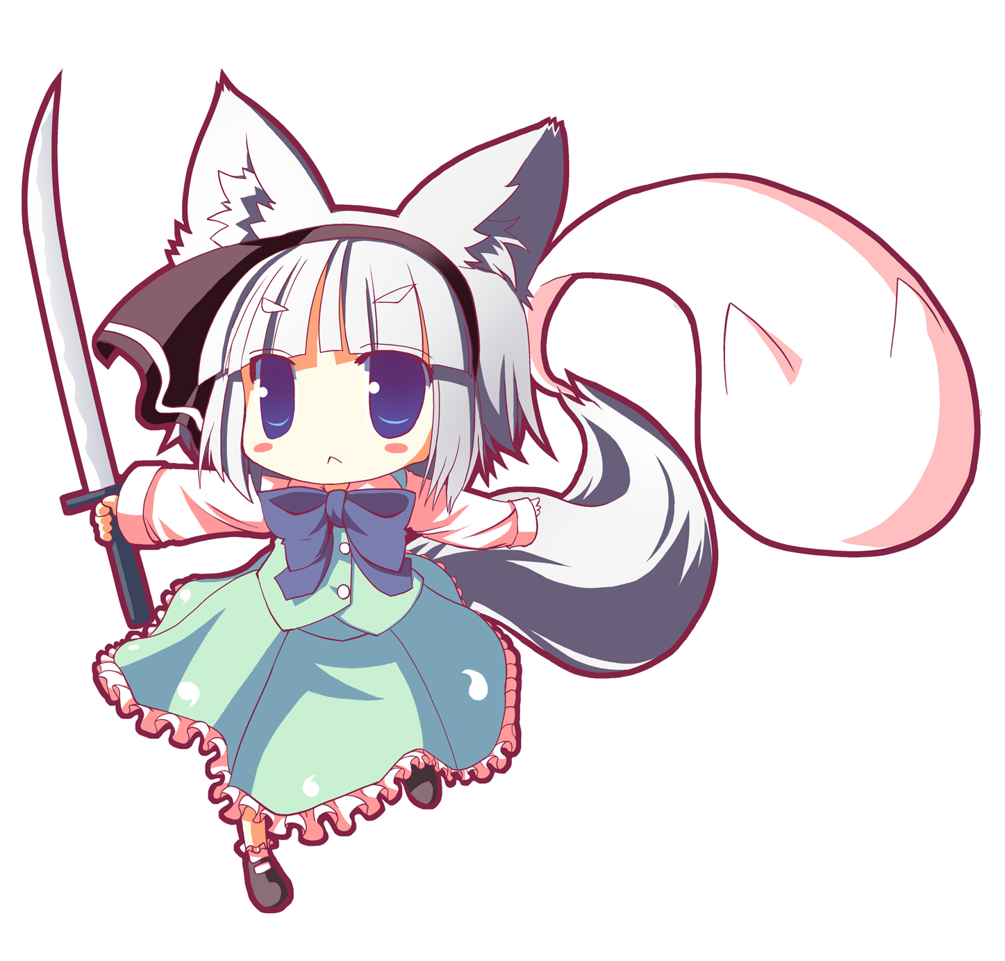 nagomi tozakura, konpaku youmu, konpaku youmu (ghost), touhou, highres, 1girl, :<, animal ears, female focus, hitodama, katana, solo, sword, tail, weapon