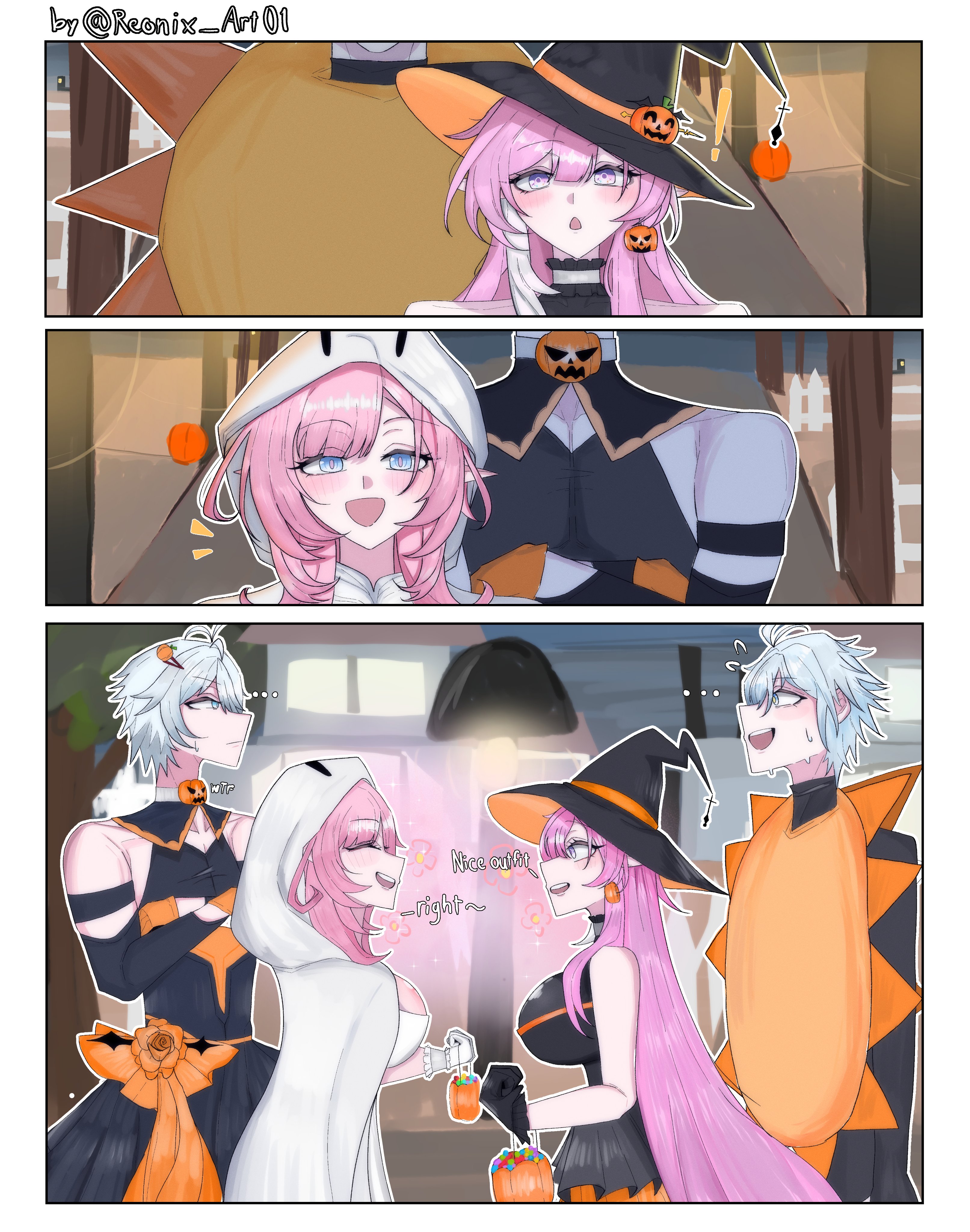 cyrene (honkai: star rail), cyrene (ripples of past reverie) (honkai: star rail), elysia (honkai impact), hino satoshi, inoue marina, kevin kaslana, phainon (honkai: star rail), honkai: star rail, honkai (series), honkai impact 3rd, absurdres, commentary, english commentary, highres, 2boys, 2girls, 3:, ahoge, black dress, blue eyes, breasts, bucket, company connection, dress, elf, english text, ghost costume, halloween, halloween bucket, halloween costume, hat, holding, holding bucket, large breasts, long hair, multiple boys, multiple girls, pink hair, pointy ears, purple eyes, reonix art, short hair, very long hair, voice actor connection, white dress, white hair, witch, witch hat, yanning