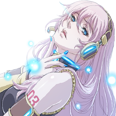 matsudo aya, megurine luka, vocaloid, lowres, 1girl, armband, armlet, bare shoulders, blue eyes, blue nails, female focus, glowing, glowing eyes, hair between eyes, headphones, headset, jewelry, leaning, leaning back, light particles, lips, long hair, looking at viewer, nail polish, oekaki, open mouth, pink hair, sleeveless, sleeveless turtleneck, solo, tattoo, turtleneck, upper body