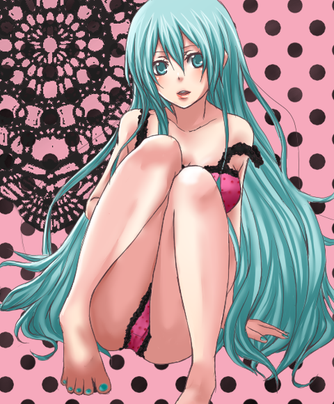 erito, kurahashi erito, hatsune miku, romeo to cinderella (vocaloid), vocaloid, bad id, bad pixiv id, 1girl, aqua eyes, aqua hair, aqua nails, barefoot, bra, camisole, feet, female focus, hair down, lingerie, long hair, nail polish, off shoulder, panties, polka dot, sitting, solo, toenail polish, toenails, toes, underwear, underwear only