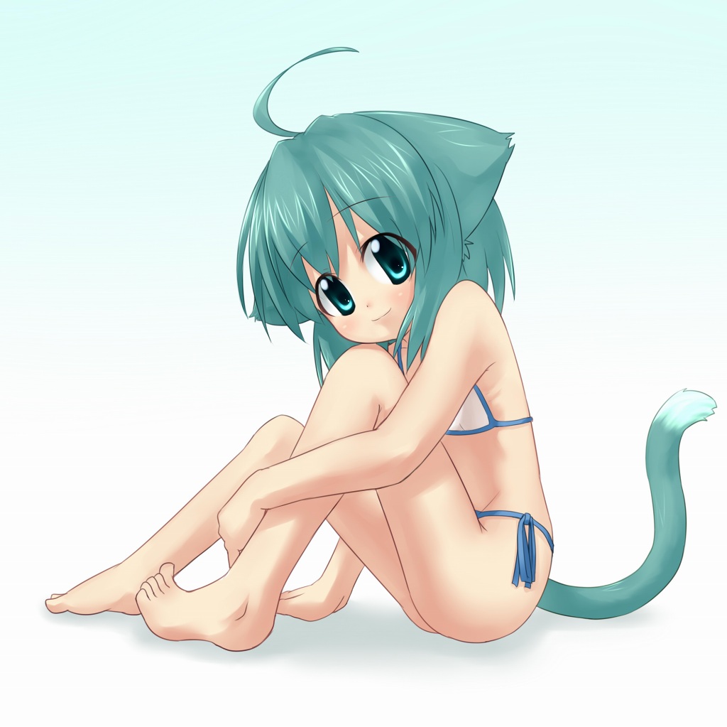 ueno musashi, kurumi (ueno musashi), original, 1girl, ahoge, animal ears, barefoot, bikini, cat ears, cat tail, feet, female focus, green eyes, green hair, matching hair/eyes, short hair, side-tie bikini bottom, sitting, solo, swimsuit, tail