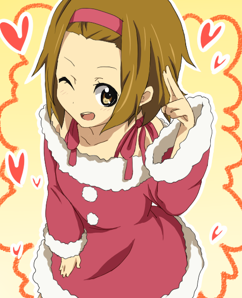 erito, kurahashi erito, tainaka ritsu, k-on!, bad id, bad pixiv id, 00s, 1girl, blush, brown eyes, brown hair, christmas, dress, female focus, hairband, heart, one eye closed, open mouth, ribbon, santa costume, short hair, simple background, smile, solo, tomboy, v, wink