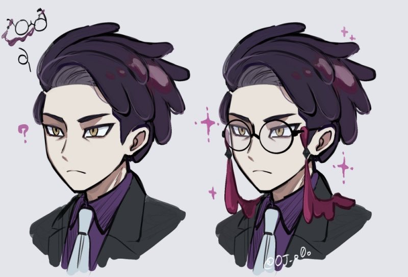 iruzu (pixiv27236115), corbeau (pokemon), nintendo, pokemon, pokemon legends: z-a, ?, black suit, collared shirt, eyewear strap, formal clothes, glasses, grey background, male focus, necktie, portrait, purple hair, purple shirt, round eyewear, shirt, short hair, sparkle, suit, white necktie, yellow eyes