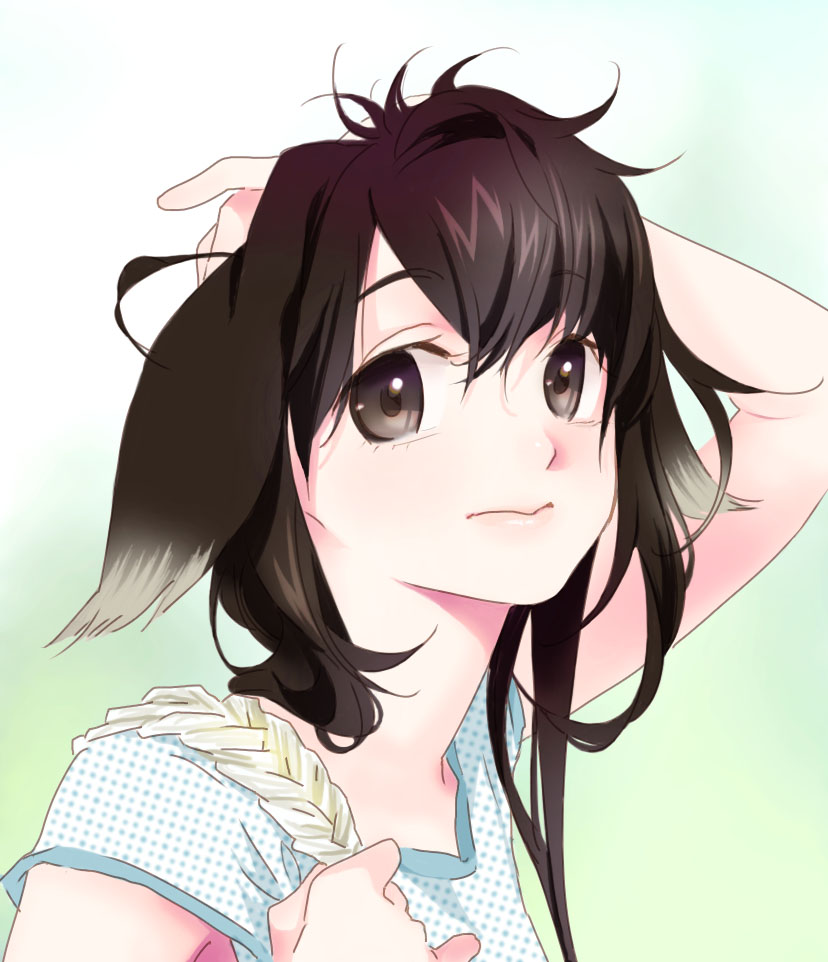 en (pixiv), morikura en, 1girl, armpit peek, brown eyes, brown hair, female focus, long hair, messy hair, multicolored hair, polka dot, solo, two-tone hair