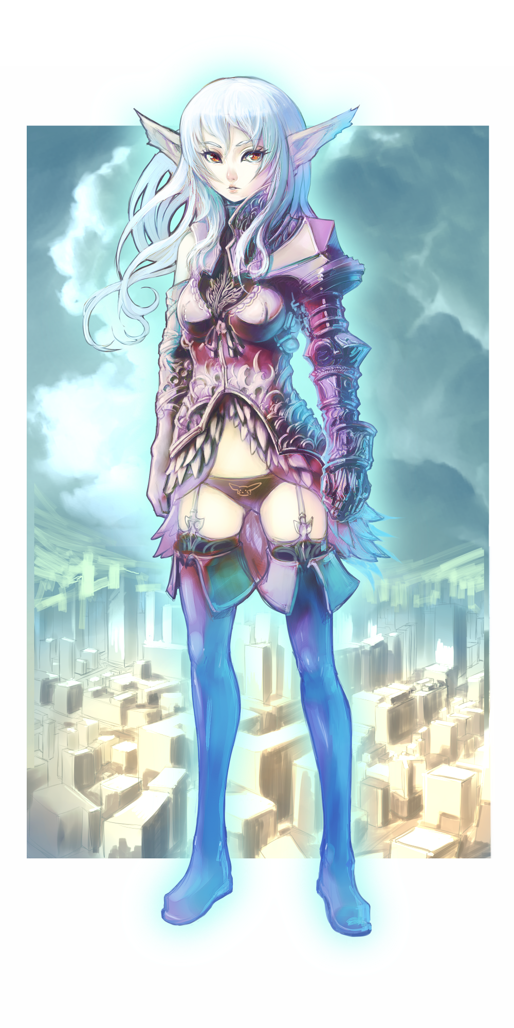 kansou samehada, original, bad id, bad pixiv id, highres, 1girl, blue boots, boots, elf, female focus, garter belt, garter straps, orange eyes, panties, pointy ears, red eyes, solo, thigh boots, thighhighs, underwear, white hair