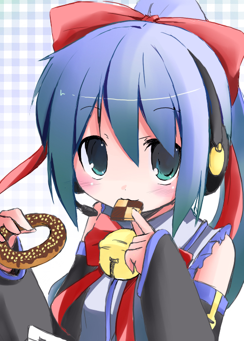 shichinose, kiyone suzu, original, vocaloid, :3, bare shoulders, bell, blue eyes, blue hair, blush, bow, cookie, detached sleeves, eating, food, hair ornament, hair ribbon, headphones, long hair, ponytail, ribbon, solo