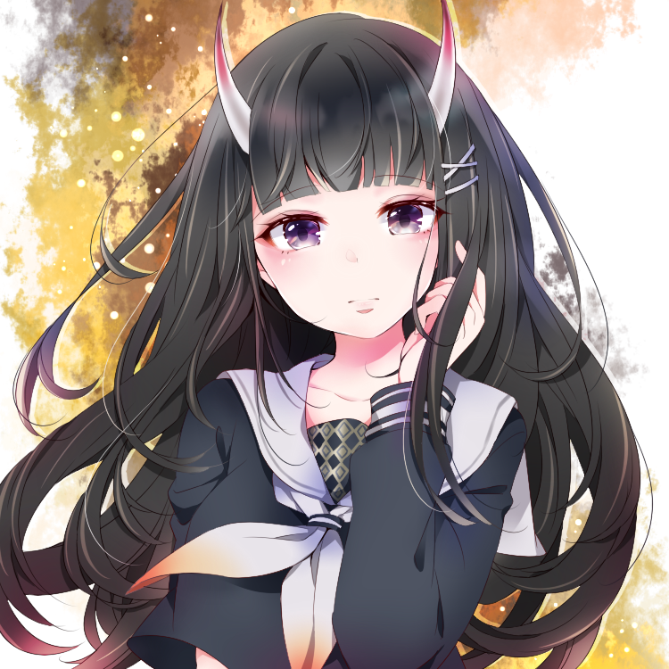 haruko mugi, noshiro (azur lane), azur lane, commentary, 1girl, black hair, black shirt, hair ornament, hairclip, hand in own hair, horns, long hair, long sleeves, looking at viewer, neckerchief, purple eyes, sailor collar, shirt, solo, upper body, white neckerchief, white sailor collar, x hair ornament