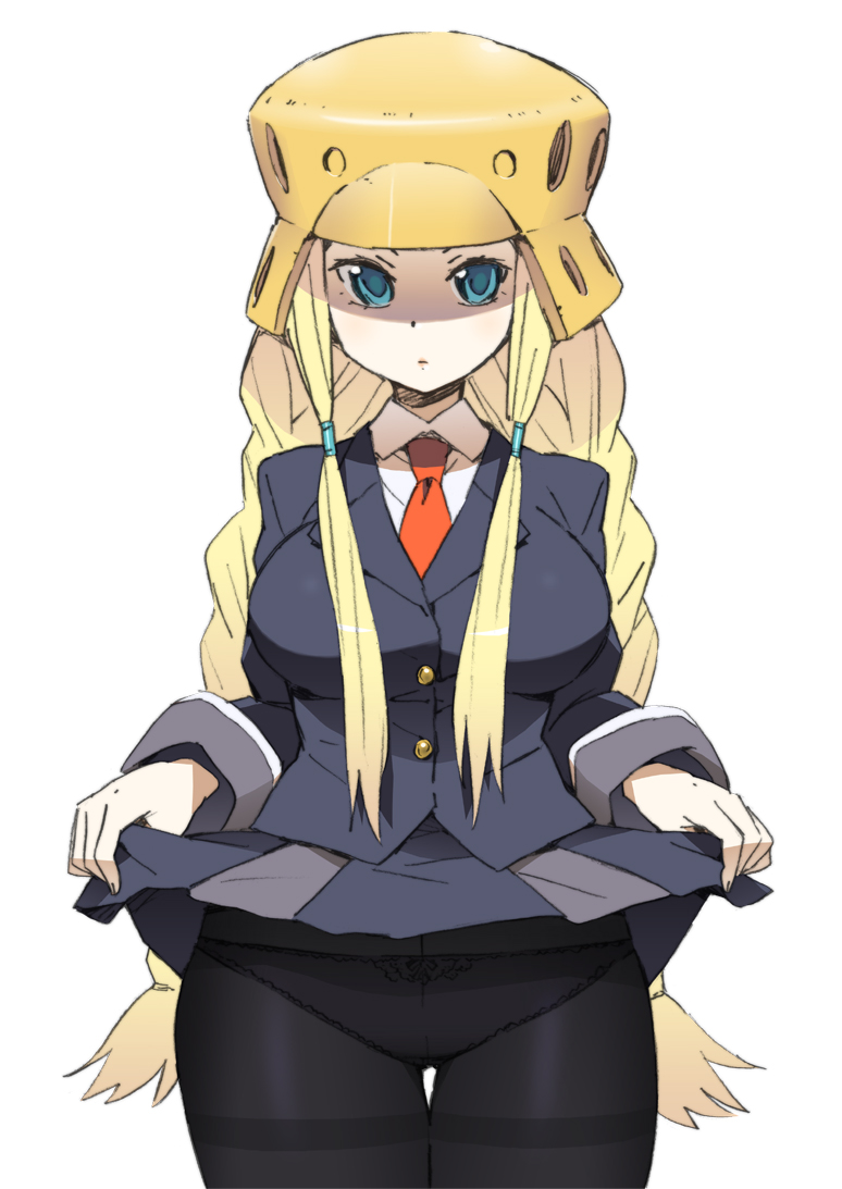 katou haruaki, ritsuko kubel kettenkrad, kujibiki unbalance, 00s, 1girl, blazer, blonde hair, blue eyes, braid, breasts, clothes lift, crotch seam, female focus, helmet, jacket, large breasts, long hair, miniskirt, necktie, panties, panties under pantyhose, pantyhose, pantyshot, skirt, skirt lift, solo, thighband pantyhose, twin braids, underwear, upskirt, very long hair