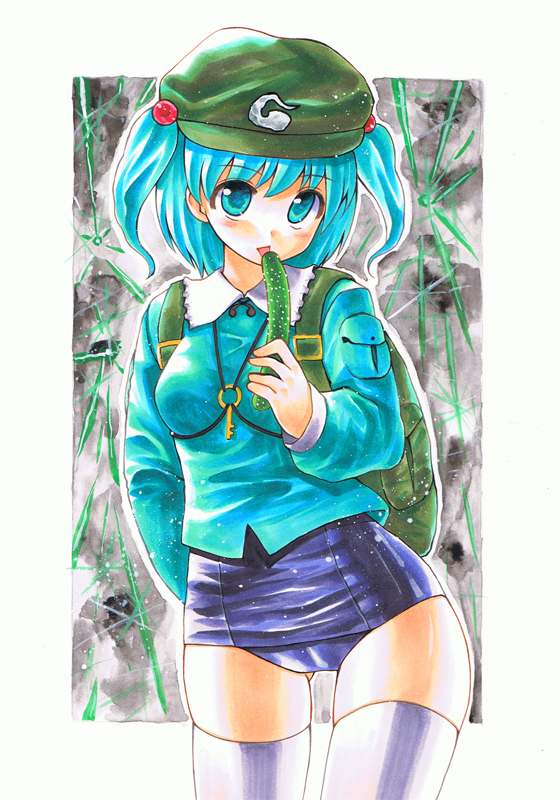 kidanieru, kawashiro nitori, touhou, bad id, bad pixiv id, colored pencil (medium), marker (medium), painting (medium), traditional media, watercolor (medium), 1girl, backpack, bag, blue eyes, blue hair, cucumber, female focus, hair bobbles, hair ornament, hat, key, matching hair/eyes, no pants, one-piece swimsuit, randoseru, school swimsuit, short hair, solo, swimsuit, swimsuit under clothes, thighhighs, twintails, two side up