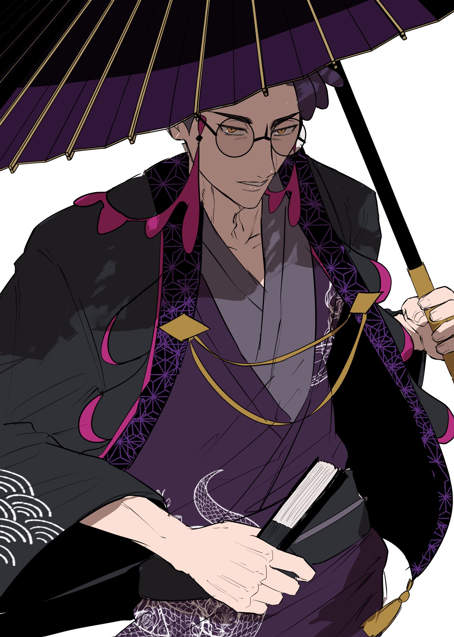 sinm i, corbeau (pokemon), nintendo, pokemon, pokemon legends: z-a, highres, black haori, eyewear strap, folding fan, glasses, hand fan, haori, holding, holding fan, holding umbrella, japanese clothes, kimono, looking up, oil-paper umbrella, purple hair, purple kimono, round eyewear, sash, short hair, umbrella, white background, yellow eyes, yukata