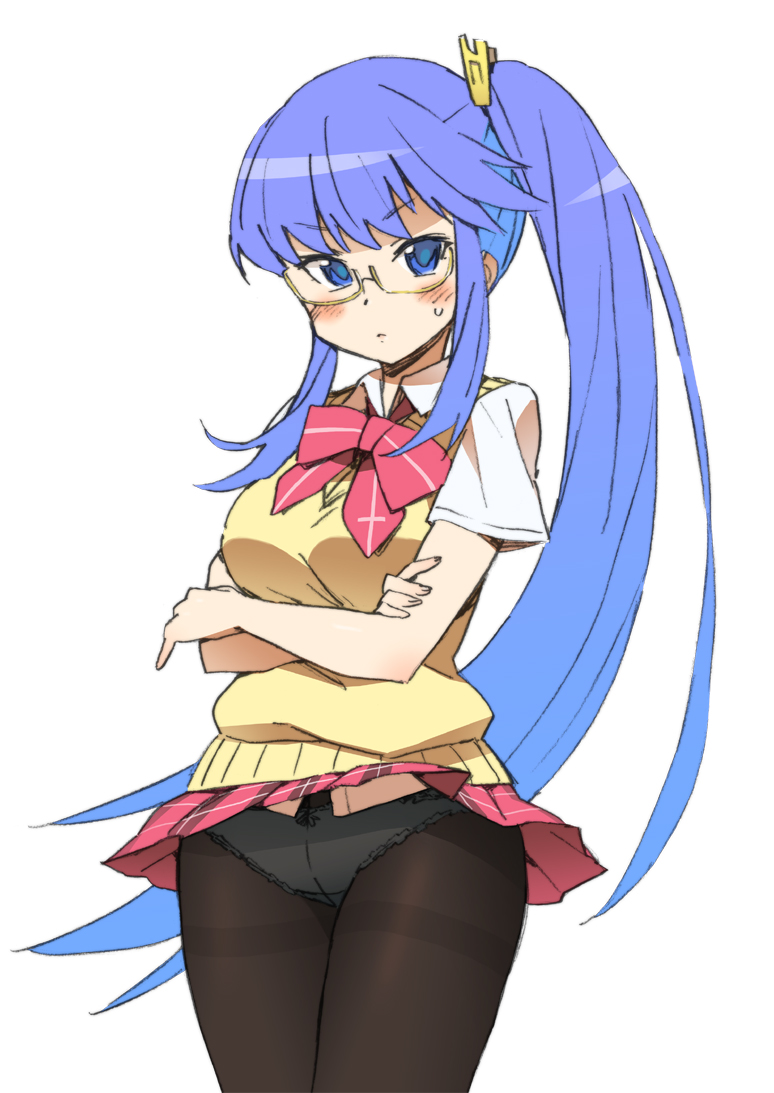 katou haruaki, yuuki nona, nanatsuiro drops, 00s, 1girl, blue eyes, blue hair, blush, crossed arms, crotch seam, female focus, glasses, hair ornament, hairclip, long hair, matching hair/eyes, miniskirt, panties, panties under pantyhose, pantyhose, pantyshot, plaid clothes, plaid skirt, ribbon, school uniform, side ponytail, skirt, solo, sweater vest, thighband pantyhose, underwear, upskirt, very long hair
