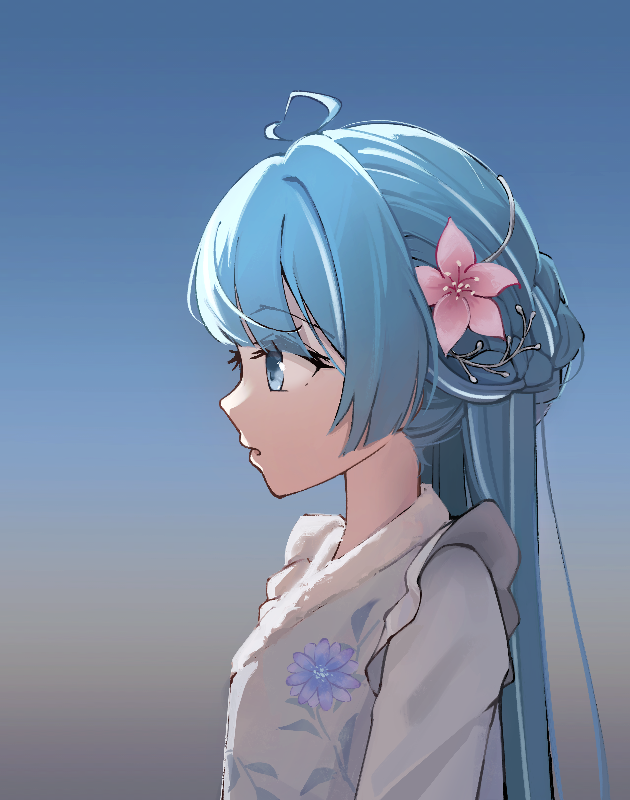 electromocha, arahashi tabi, stellive, absurdres, commentary request, highres, korean commentary, variant set, 1girl, antenna hair, blue eyes, blue hair, braid, braided bun, floral print, floral print kimono, frilled kimono, frills, from side, gradient background, hair bun, hair ornament, half updo, japanese clothes, kanzashi, kimono, long hair, long sleeves, parted lips, print kimono, profile, sidelocks, solo, straight hair, upper body, virtual youtuber, white kimono