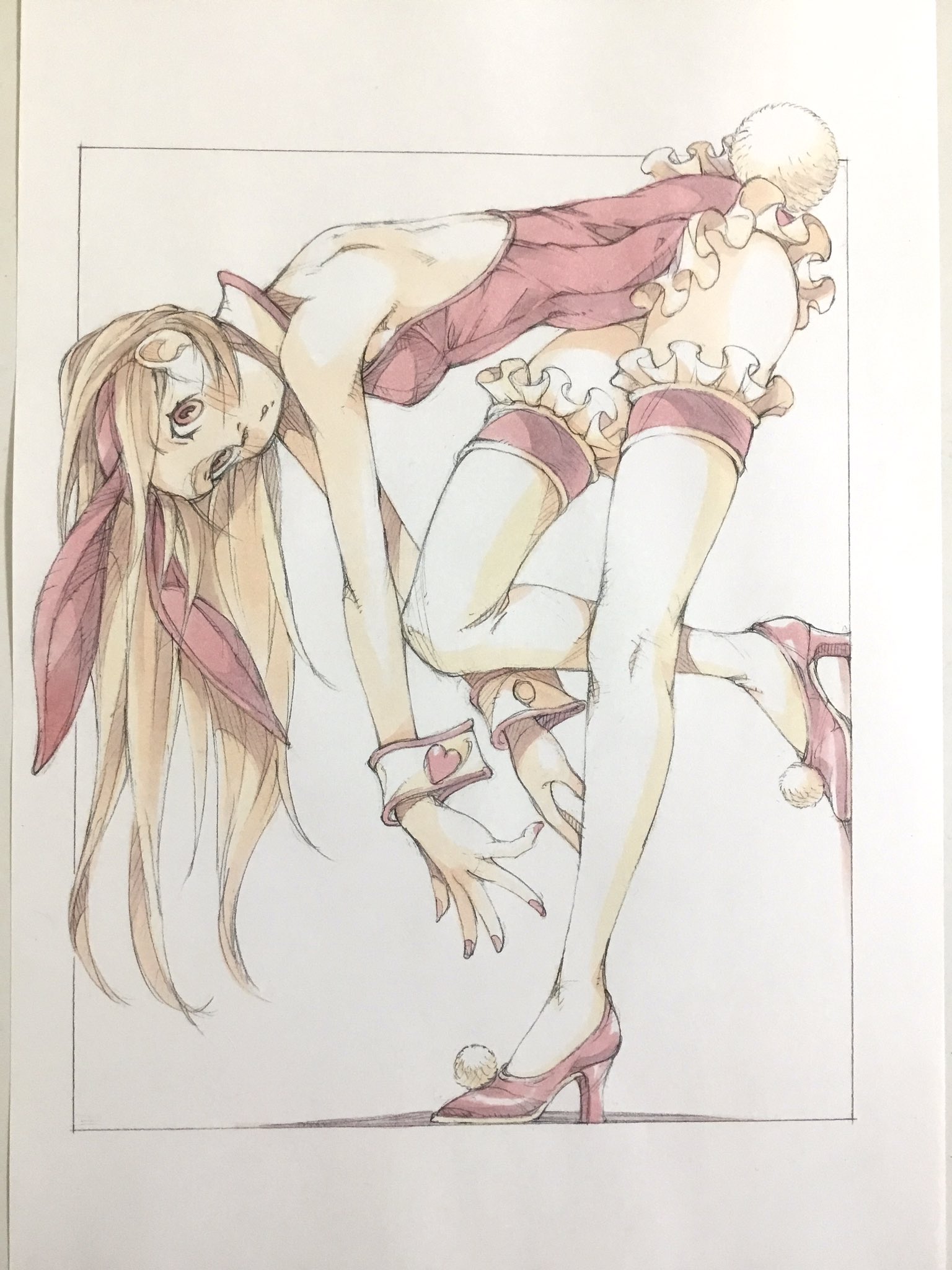 peter salt, original, commentary, highres, traditional media, 1girl, animal ear hairband, animal ears, bare shoulders, bent over, blonde hair, breasts, detached collar, fake animal ears, fake tail, foot against wall, frilled leotard, frilled thigh strap, frills, from side, full body, hairband, heart, high heels, leotard, long hair, looking at viewer, looking to the side, nail polish, parted lips, playboy bunny, pom pom (clothes), rabbit ears, rabbit girl, rabbit tail, red eyes, red hairband, red leotard, red nails, red shoes, shoes, small breasts, solo, standing, standing on one leg, strapless, strapless leotard, tail, thigh strap, wrist cuffs