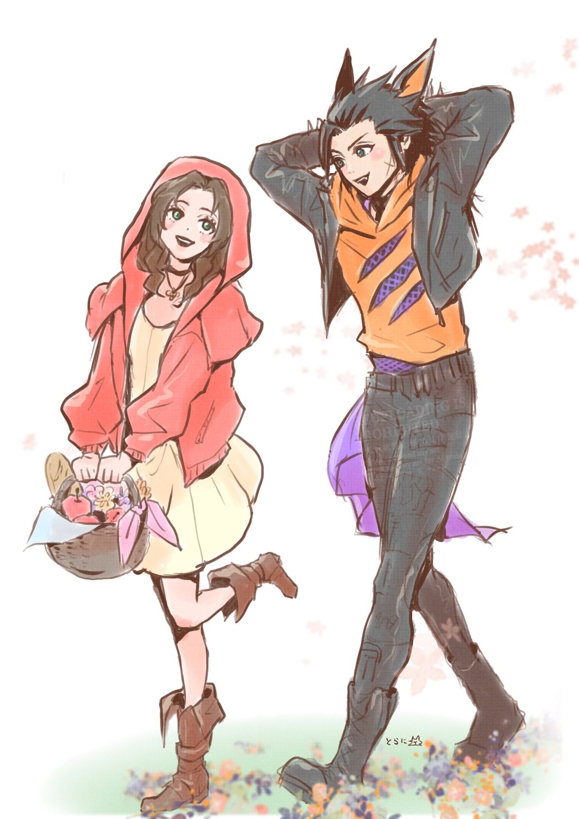 ninnin5tora, aerith gainsborough, little red riding hood (fairy tale character), zack fair, zack fair (black hound), final fantasy, final fantasy vii, final fantasy vii ever crisis, little red riding hood (fairy tale), commentary request, highres, 1boy, 1girl, alternate costume, animal ears, apple, arms behind head, arms up, basket, black choker, black hair, black jacket, black pants, blue eyes, boots, brown boots, brown hair, choker, cosplay, cross scar, dress, facial scar, flower, food, fruit, full body, green eyes, halloween, halloween costume, holding, holding basket, hood, hoodie, jacket, little red riding hood (fairy tale character) (cosplay), long sleeves, looking at another, official alternate costume, open clothes, open jacket, open mouth, orange hoodie, pants, pink ribbon, red hood, ribbon, scar, scar on cheek, scar on face, standing, standing on one leg, walking, wolf ears, yellow dress