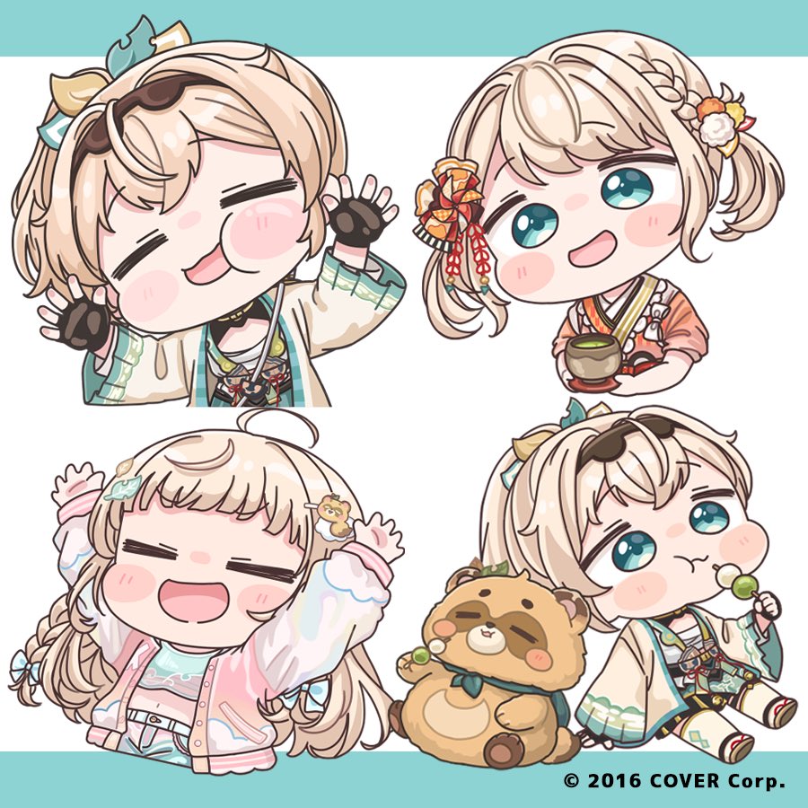 mochimiko, kazama iroha, kazama iroha (1st costume), hololive, commentary request, official art, 1girl, :d, :t, against fourth wall, ahoge, arms up, black gloves, blonde hair, blue background, blue eyes, blue shirt, blue skirt, blush stickers, braid, brown kimono, chibi, closed eyes, closed mouth, crop top, dango, eating, fingerless gloves, food, gloves, holding, holding food, jacket, japanese clothes, kimono, long hair, long sleeves, midriff, multicolored hair, multiple views, navel, open clothes, open jacket, open mouth, pink jacket, pleated skirt, puffy long sleeves, puffy sleeves, sanshoku dango, sarashi, shirt, sitting, skirt, sleeves past wrists, smile, thighhighs, two-tone hair, very long hair, virtual youtuber, wagashi, wavy mouth, white background, white thighhighs