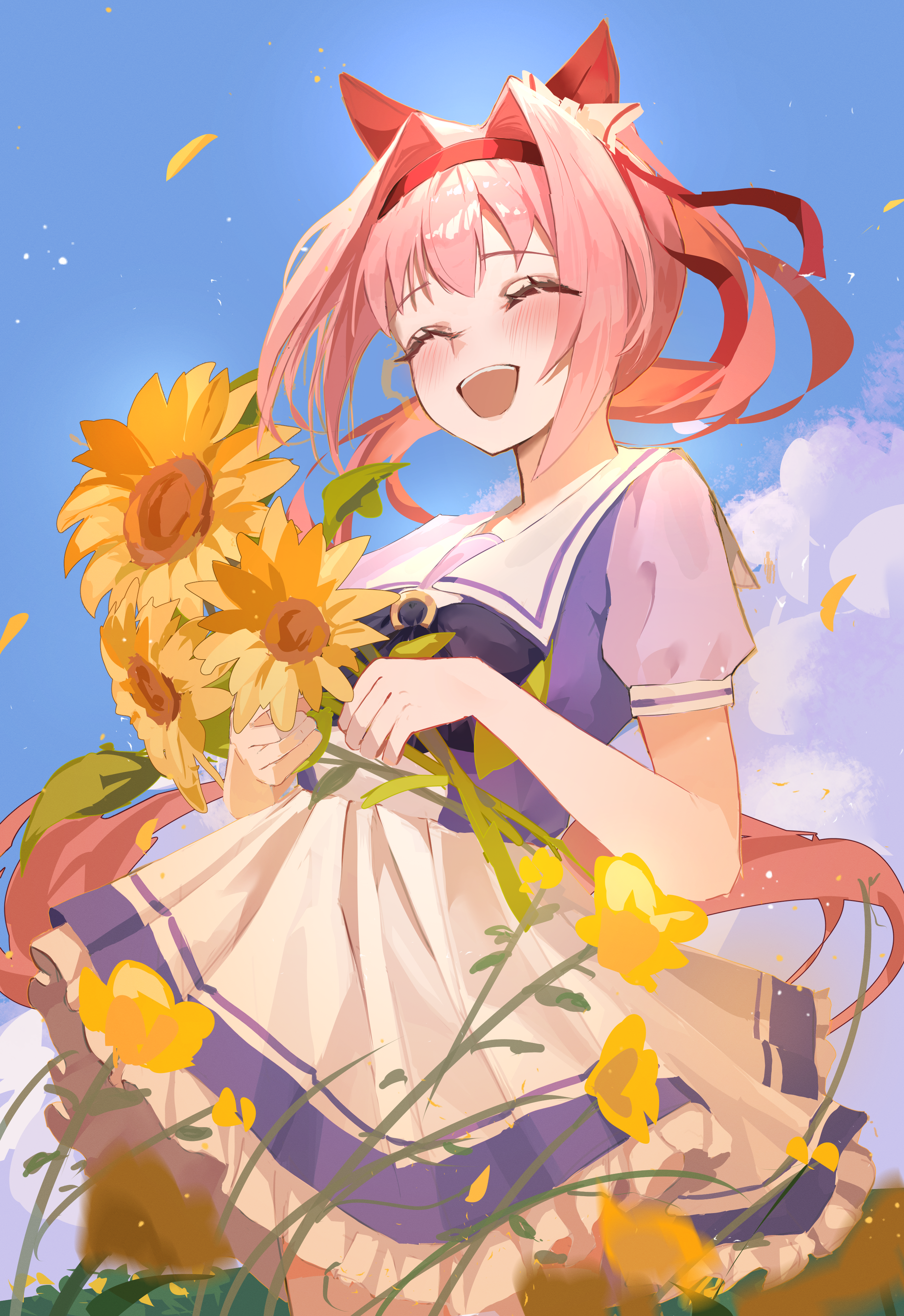 yoru (yorumi), haru urara (umamusume), umamusume, absurdres, commentary, english commentary, highres, 1girl, animal ears, blue sky, blush, bow, closed eyes, cloud, ear bow, ear covers, flower, hairband, headband, holding, holding flower, horse ears, horse girl, horse tail, long hair, open mouth, outdoors, pink hair, pink headband, pleated skirt, ponytail, puffy short sleeves, puffy sleeves, purple bow, purple sailor collar, purple serafuku, purple shirt, purple skirt, red headband, sailor collar, sailor shirt, school uniform, serafuku, shirt, short sleeves, skirt, sky, smile, solo, sunflower, tail, teeth, tracen school uniform, upper teeth only, white sailor collar, white skirt