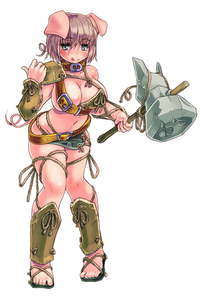 kenkou cross, orc (monster girl encyclopedia), monster girl encyclopedia, bad id, bad pixiv id, official art, 1girl, animal ears, asymmetrical clothes, asymmetrical top, asymmetrical underboob, belt bra, blush, breasts, cleavage, collar, curvy, female focus, female orc, hammer, knees together feet apart, large breasts, looking at viewer, monster girl, orc, pig, pig ears, pig girl, pig tail, revealing clothes, short hair, sideboob, simple background, solo, tail, underboob, weapon, white background
