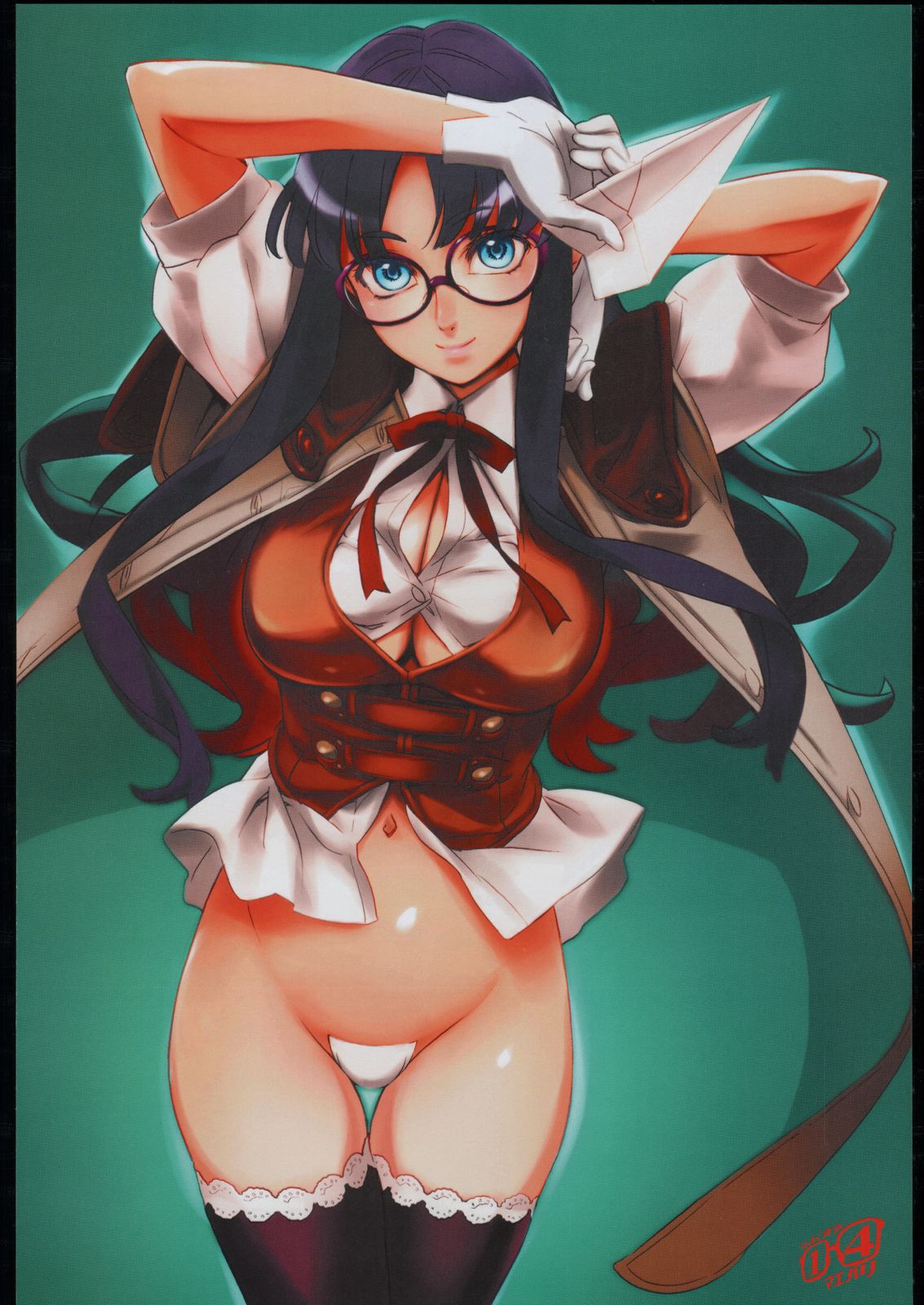 nishieda, yomiko readman, read or die, highres, 00s, 1girl, blue eyes, breasts, cleavage, female focus, glasses, gloves, holding, holding paper airplane, long hair, maebari, no panties, paper airplane, purple hair, solo, thighhighs