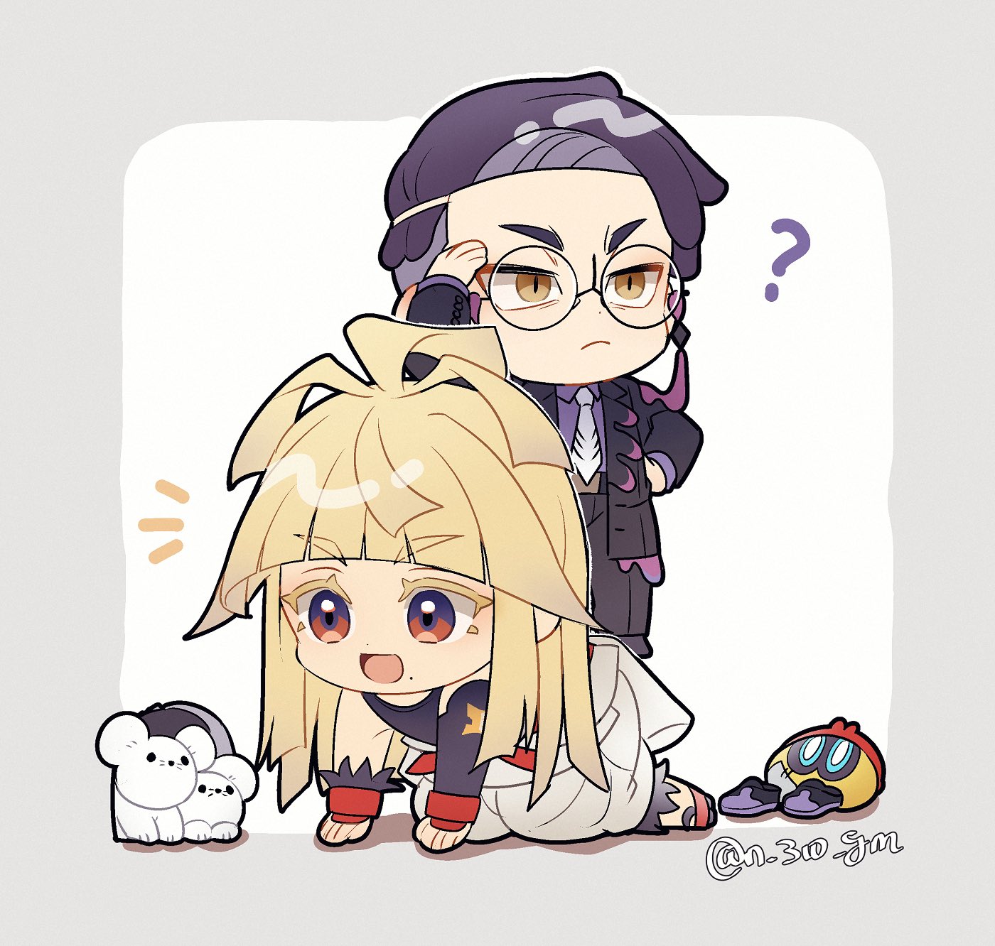 n 310 gm, corbeau (pokemon), ivor (pokemon), tandemaus, nintendo, pokemon, pokemon legends: z-a, highres, :d, ?, ahoge, belt, black gloves, black pants, black suit, blonde hair, blue eyes, chibi, collared shirt, colored eyelashes, dougi, eyewear strap, fingerless gloves, formal clothes, glasses, gloves, karate gi, kneeling, long eyelashes, long hair, mouse (animal), necktie, open mouth, pants, pokemon (creature), pouch, purple hair, purple shirt, purple shoes, red belt, red eyes, red gloves, round eyewear, shirt, shoes, short hair, slit pupils, smile, standing on person, suit, white necktie, yellow eyes