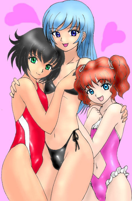 usura, 3boys, aqua eyes, bikini, black hair, blue eyes, blue hair, bulge, crossdressing, crossdressing (mtf), green eyes, heart, long hair, male focus, multiple boys, orange hair, short hair, shota, swimsuit, trap, trap on trap, twintails