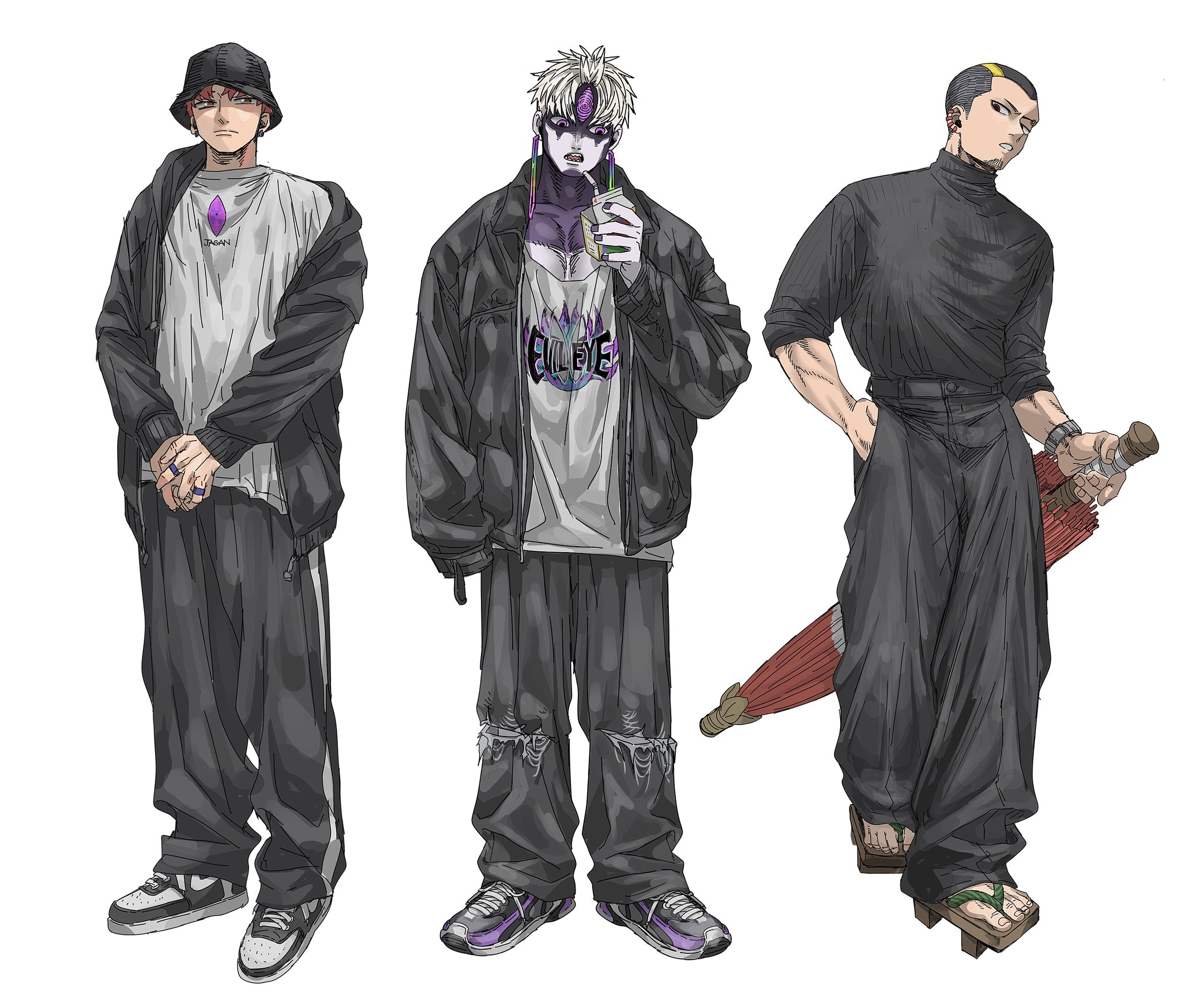 dr.k (doctorkodok), enjoji jin, evil eye (dandadan), zuma unji, dandadan, highres, 3boys, alternate costume, baggy pants, black hair, black hat, black jacket, black pants, black sweater, closed mouth, drinking straw, dual persona, earrings, full body, hand in pocket, hat, holding, holding umbrella, jacket, jewelry, male focus, multiple boys, open clothes, open jacket, open mouth, pants, parted lips, possessed, red hair, ring, sandals, shirt, shoes, short hair, sneakers, standing, sweater, third eye, turtleneck, turtleneck sweater, umbrella, very short hair, white background, white hair, white shirt