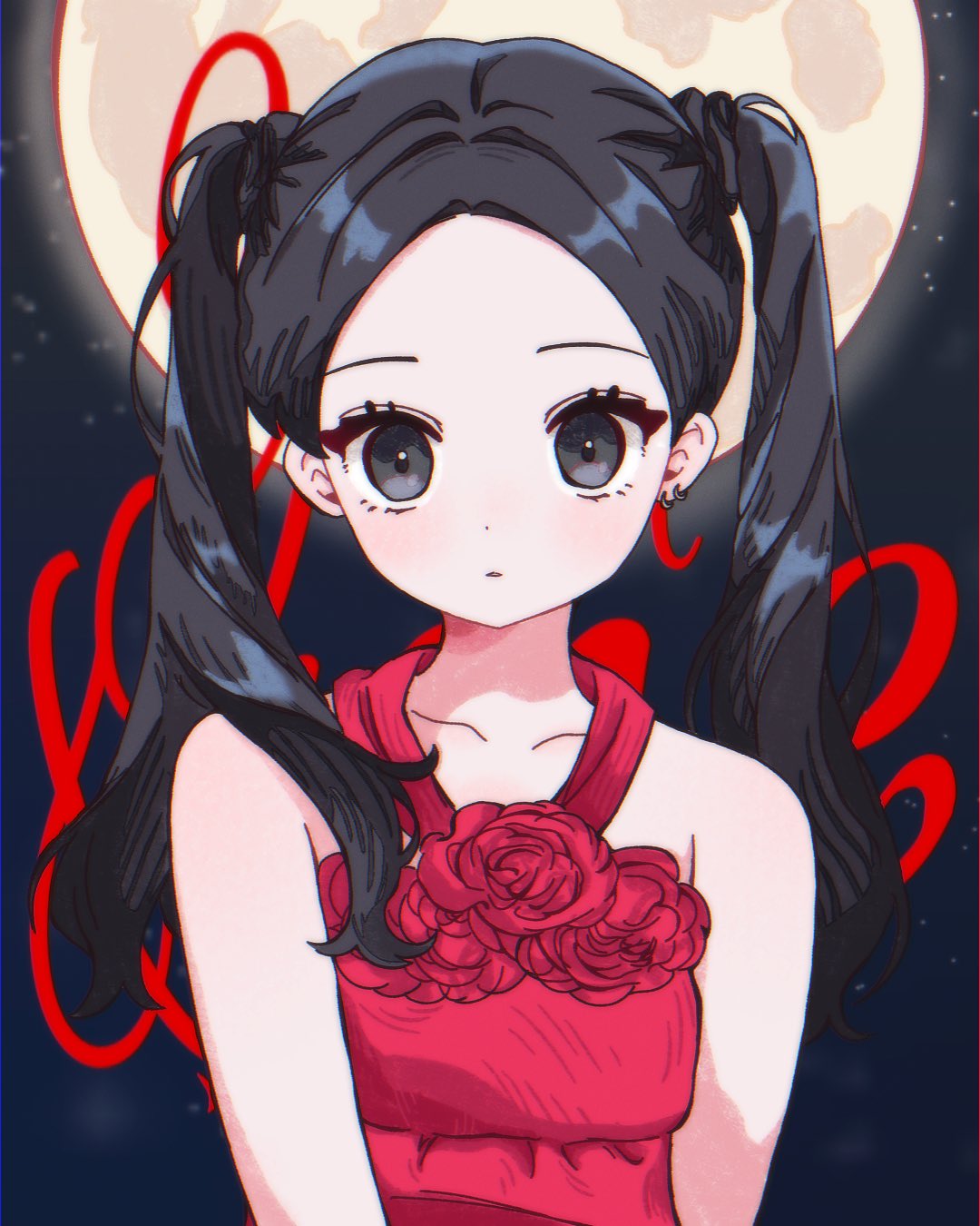 jennie (blackpink), real life, commentary, english commentary, highres, 1girl, anais0908, black hair, chibi, dress, earrings, eyelashes, halterneck, jewelry, looking at viewer, moon, night, night sky, red dress, sky, solo, star (sky), twintails, upper body