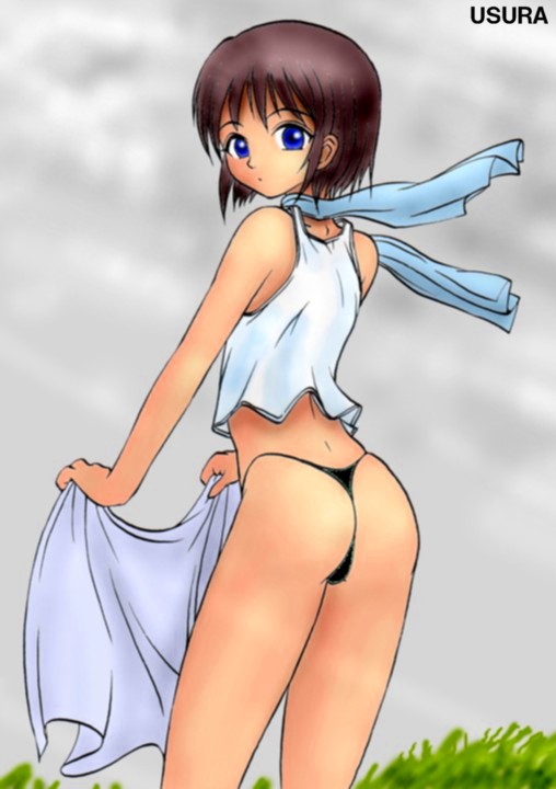 1boy, androgynous, ass, blue eyes, brown hair, crossdressing, crossdressing (mtf), looking back, male focus, midriff, scarf, short hair, shota, solo, trap