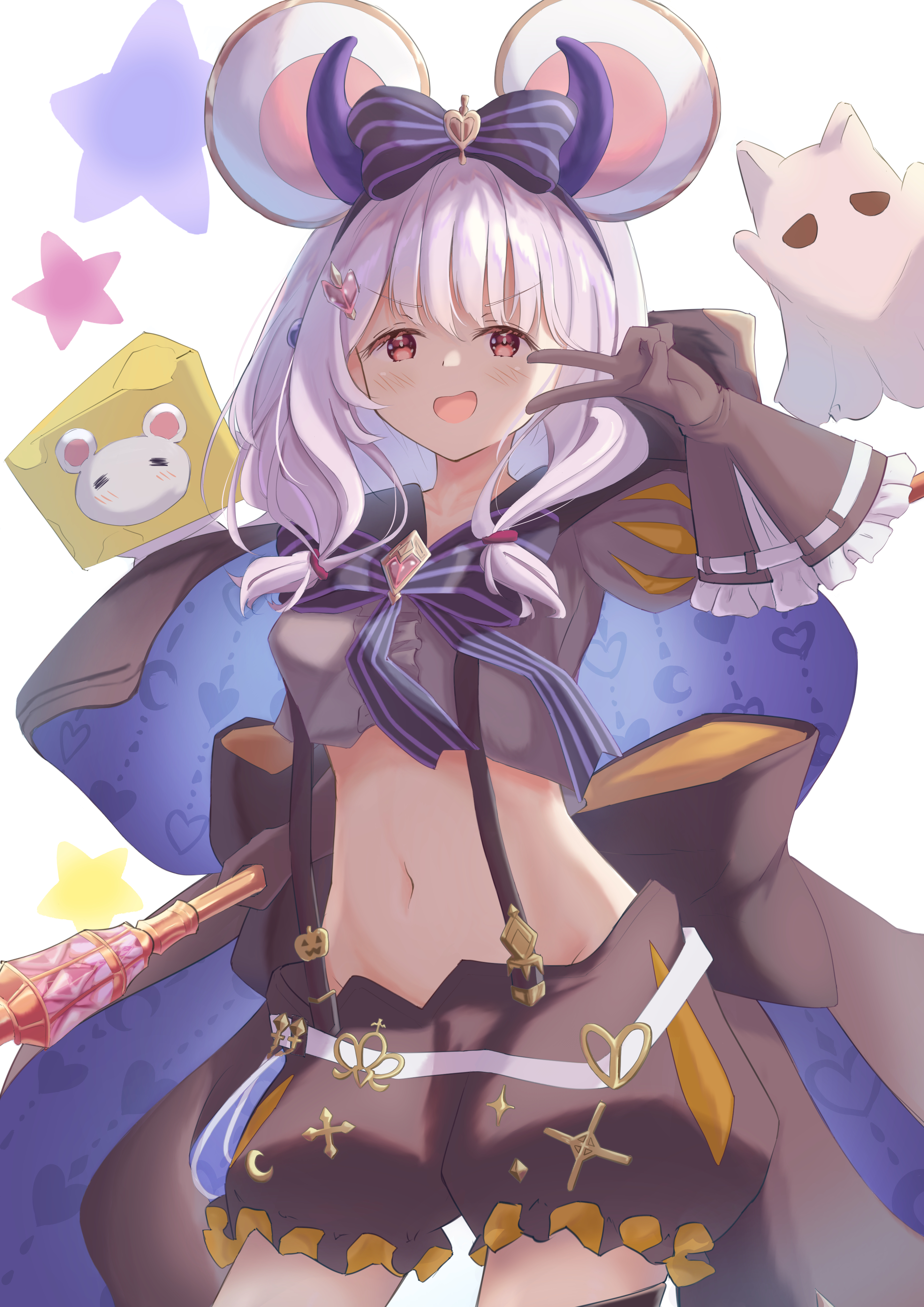 vikala (granblue fantasy), vikala (halloween) (granblue fantasy), granblue fantasy, absurdres, commentary, highres, 1girl, :d, animal ears, black gloves, black shorts, cheese, cowboy shot, fake animal ears, fake horns, food, gloves, hair ornament, holding, holding scepter, horns, looking at viewer, mouse (animal), mouse ears, navel, open mouth, puffy short sleeves, puffy sleeves, red eyes, scepter, sheet ghost, short sleeves, shorts, simple background, smile, solo, star-isla, star (symbol), stomach, suspenders, v, white background, white hair