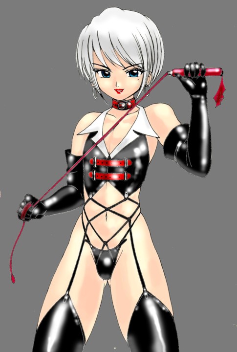 usura, original, 1boy, aqua eyes, bulge, collar, crossdressing, crossdressing (mtf), lipstick, makeup, male focus, mole, short hair, shota, solo, trap, whip, white hair