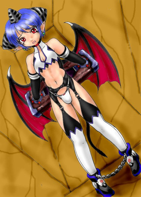 usura, original, 1boy, bdsm, blue hair, bondage, bound, bulge, chain, crossdressing, crossdressing (mtf), demon, demon boy, demon tail, demon wings, earrings, horns, jewelry, male focus, pointy ears, red eyes, shota, solo, tail, trap, wings
