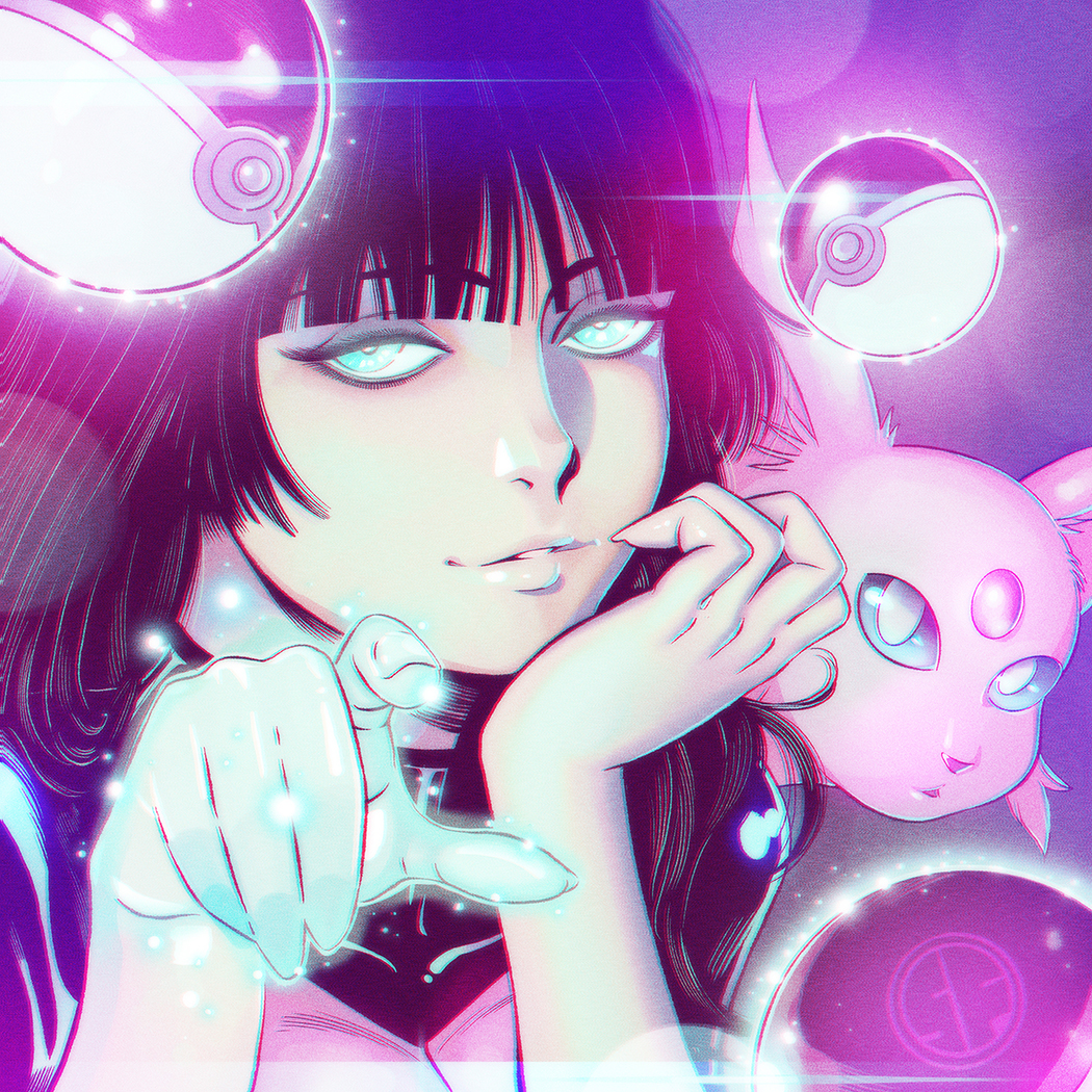 espeon, sabrina (pokemon), nintendo, pokemon, 1girl, black hair, blunt bangs, eyelashes, fingernails, gen 2 pokemon, glowing, glowing eyes, glowing hand, head rest, lips, long hair, looking at viewer, parted lips, pointing, pointing at viewer, poke ball, poke ball (basic), straight hair, teeth, telekinesis