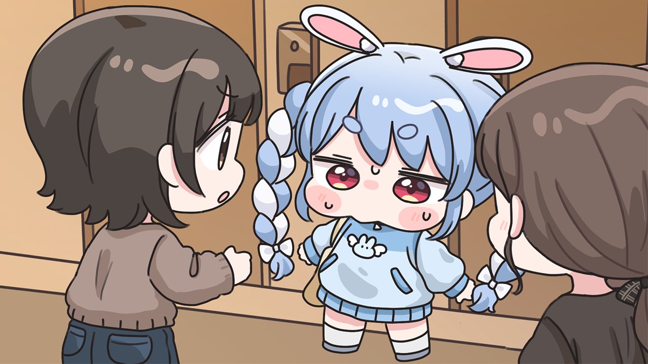 mochimiko, usada pekora, hololive, commentary request, 3girls, animal ear fluff, animal ears, bag, black pants, blue hair, blue jacket, blush stickers, braid, brown eyes, brown hair, brown shirt, chibi, door, grey shoes, indoors, jacket, multicolored hair, multiple girls, pants, parted lips, rabbit ears, red eyes, shirt, shoes, short eyebrows, socks, standing, sweat, thick eyebrows, twin braids, twintails, two-tone hair, v-shaped eyebrows, virtual youtuber, white hair, white socks, yurie mouth