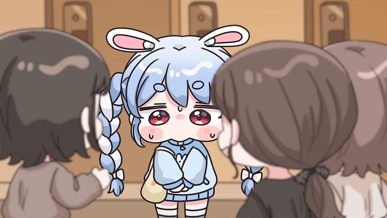 mochimiko, usada pekora, hololive, 4girls, animal ear fluff, animal ears, bag, black hair, blue hair, blue jacket, blurry, blurry background, blurry foreground, blush stickers, bow, braid, brown hair, chibi, depth of field, door, ears down, hair bow, indoors, jacket, long hair, long sleeves, low ponytail, multicolored hair, multiple girls, ponytail, puffy long sleeves, puffy sleeves, rabbit ears, red eyes, socks, standing, sweat, twin braids, twintails, two-tone hair, very long hair, virtual youtuber, white bow, white hair, white socks, yurie mouth