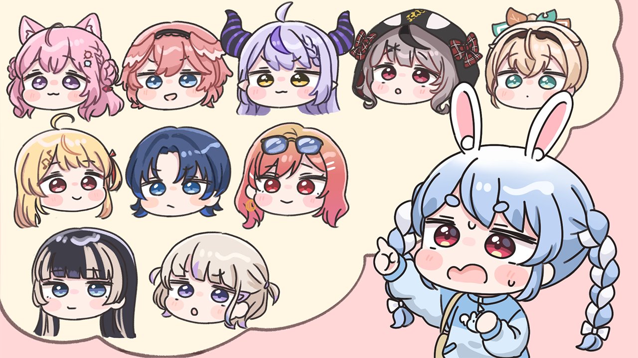 mochimiko, hakui koyori, hiodoshi ao, ichijou ririka, juufuutei raden, kazama iroha, la+ darknesss, otonose kanade, sakamata chloe, takane lui, todoroki hajime, usada pekora, hololive, hololive dev is, 6+girls, :3, :d, :o, animal ear fluff, animal ears, bag, beamed eighth notes, black hair, blonde hair, blue eyes, blue hair, blue jacket, blush stickers, bow, braid, braided bangs, brown eyes, brown hair, chibi, closed mouth, demon horns, eighth note, eyewear on head, fortissimo, gradient hair, green eyes, grey hair, hair between eyes, hair bow, hair ornament, head wings, hood, hood up, horns, jacket, long sleeves, multicolored hair, multiple girls, musical note, musical note hair ornament, open mouth, parted bangs, parted lips, pink hair, pink wings, plaid bow, pointing, puffy long sleeves, puffy sleeves, purple eyes, purple hair, rabbit ears, red bow, red eyes, red hair, smile, streaked hair, sunglasses, twin braids, twintails, two-tone hair, virtual youtuber, wavy mouth, white bow, white hair, wings