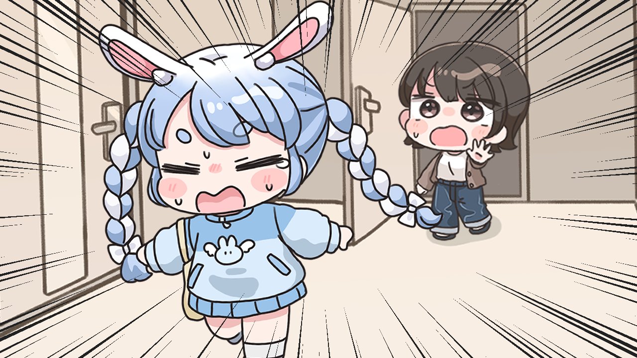 mochimiko, usada pekora, hololive, 2girls, animal ear fluff, animal ears, bag, blue hair, blue jacket, blue pants, blush stickers, braid, brown eyes, brown hair, brown jacket, chibi, closed eyes, emphasis lines, indoors, jacket, long sleeves, multicolored hair, multiple girls, open clothes, open door, open jacket, open mouth, pants, puffy long sleeves, puffy sleeves, rabbit ears, running, shirt, short eyebrows, socks, sweat, tears, thick eyebrows, twin braids, twintails, two-tone hair, v-shaped eyebrows, virtual youtuber, wavy mouth, white shirt, white socks