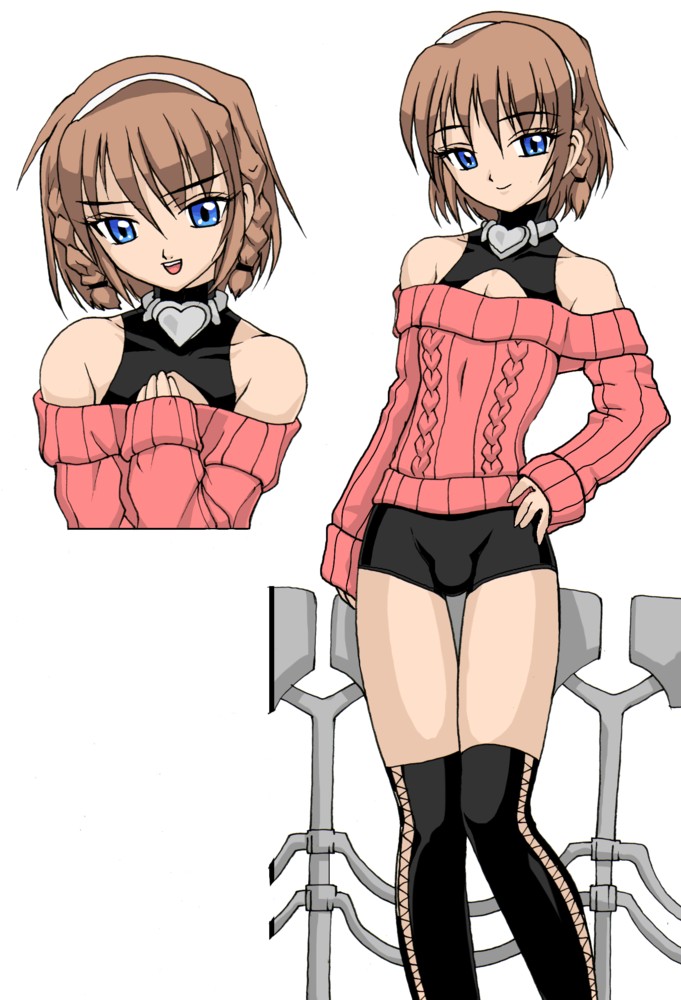 usura, 1boy, aged down, bare shoulders, bike shorts, blue eyes, braid, brown hair, bulge, cleavage cutout, clothing cutout, collar, collarbone, crossdressing, crossdressing (mtf), hair ornament, heart, jacket, looking at viewer, male focus, multiple views, open mouth, over-kneehighs, pink jacket, shota, simple background, smile, solo focus, spandex, teeth, thighhighs, thighs, trap, white background