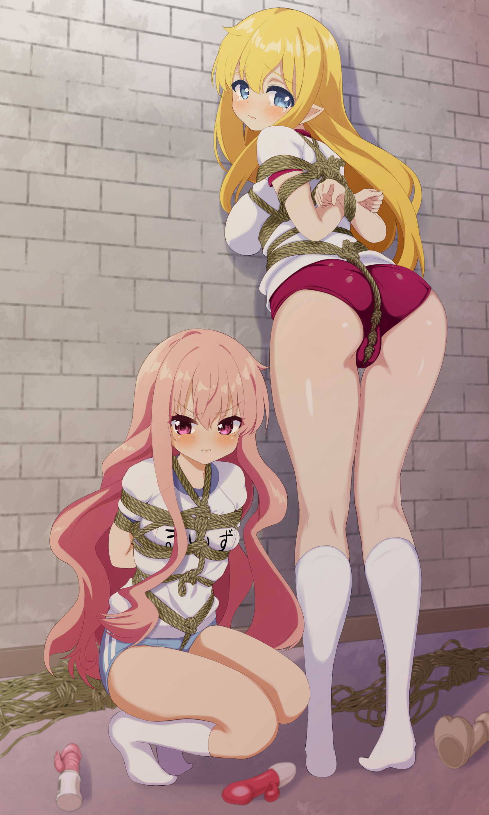 hamuta (machosbrown), louise francoise le blanc de la valliere, tiffania westwood, zero no tsukaima, absurdres, commission, commissioner upload, highres, skeb commission, 2girls, angry, arms behind back, ass, bdsm, between breasts, between buttocks, blonde hair, blue buruma, blue eyes, blush, bondage, bound, bound arms, bound breasts, bound legs, bound torso, breast bondage, breasts, brick wall, buruma, crotch rope, crouching, crying, crying with eyes open, dildo, elf, embarrassed, female focus, full body, glaring, gym shirt, gym uniform, hair between eyes, kneehighs, large breasts, long hair, looking at another, looking back, looking to the side, multiple girls, outdoors, pelvic curtain, pink eyes, pink hair, pointy ears, red buruma, rope, sex toy, shibari, shibari over clothes, shirt, short sleeves, skin tight, skindentation, small breasts, socks, striped buruma, striped clothes, tearing up, tears, thigh gap, thighs, vibrator, white shirt, white socks