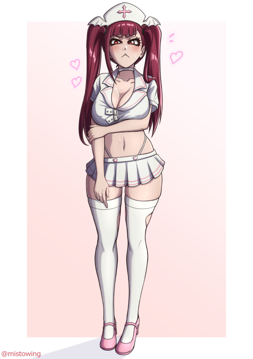 mistowing, dokugamine riruka, bleach, highres, 1girl, artist name, border, breasts, choker, closed mouth, collarbone, female focus, full body, hat, holding own arm, large breasts, long hair, looking at viewer, navel, purple eyes, purple hair, shoes, simple background, skirt, stomach, thighhighs, thighs, thong, tsundere, twintails, white border, white thighhighs