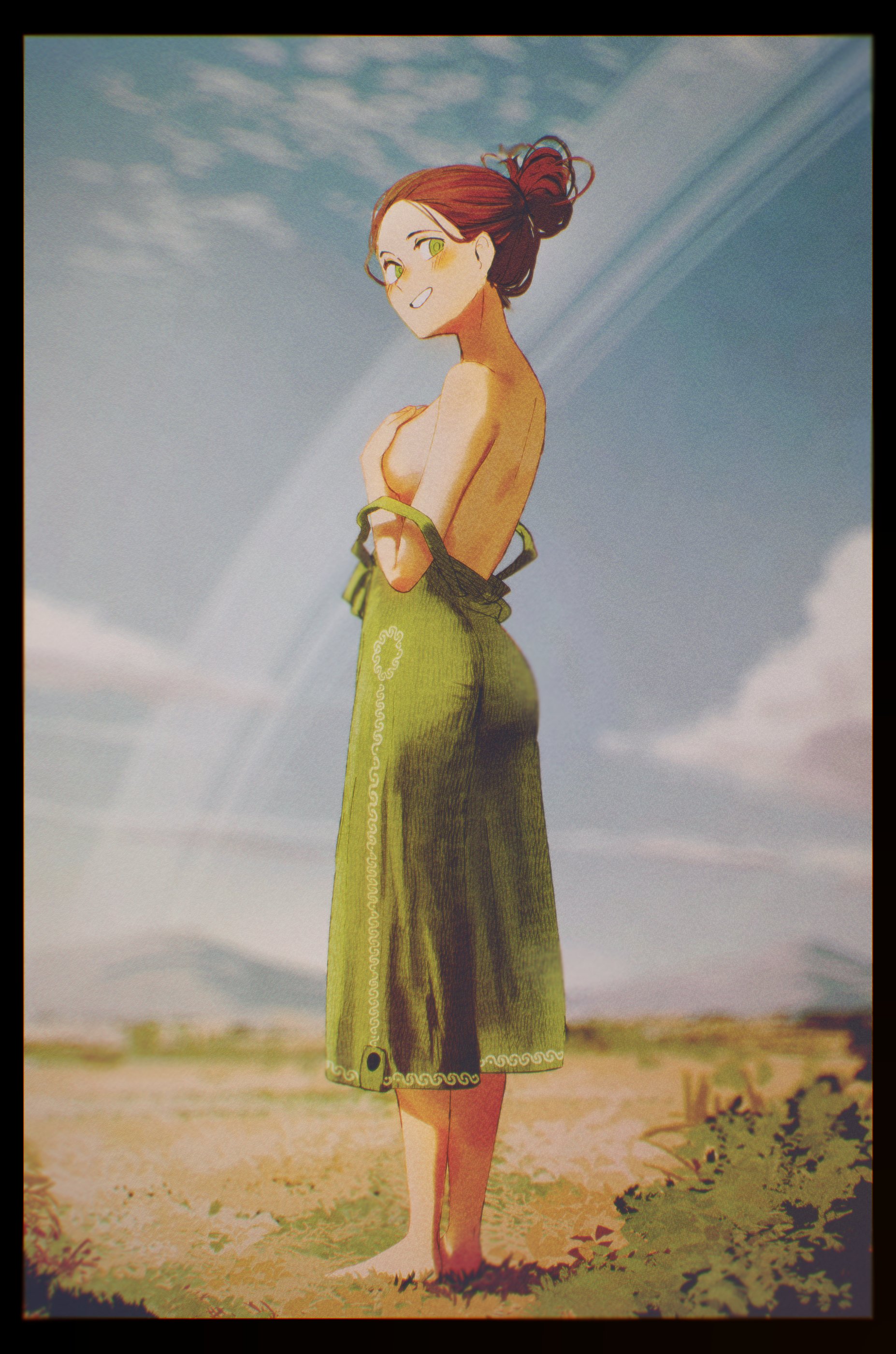 spindle (aidenr0), ottilie (spindle (aidenr0)), original, absurdres, commentary, english commentary, highres, 1girl, barefoot, breasts, brown hair, covering breasts, covering privates, day, dress, from behind, full body, green dress, green eyes, grin, hair bun, looking back, loose dress, medium breasts, outdoors, planetary ring, single hair bun, smile, solo, standing