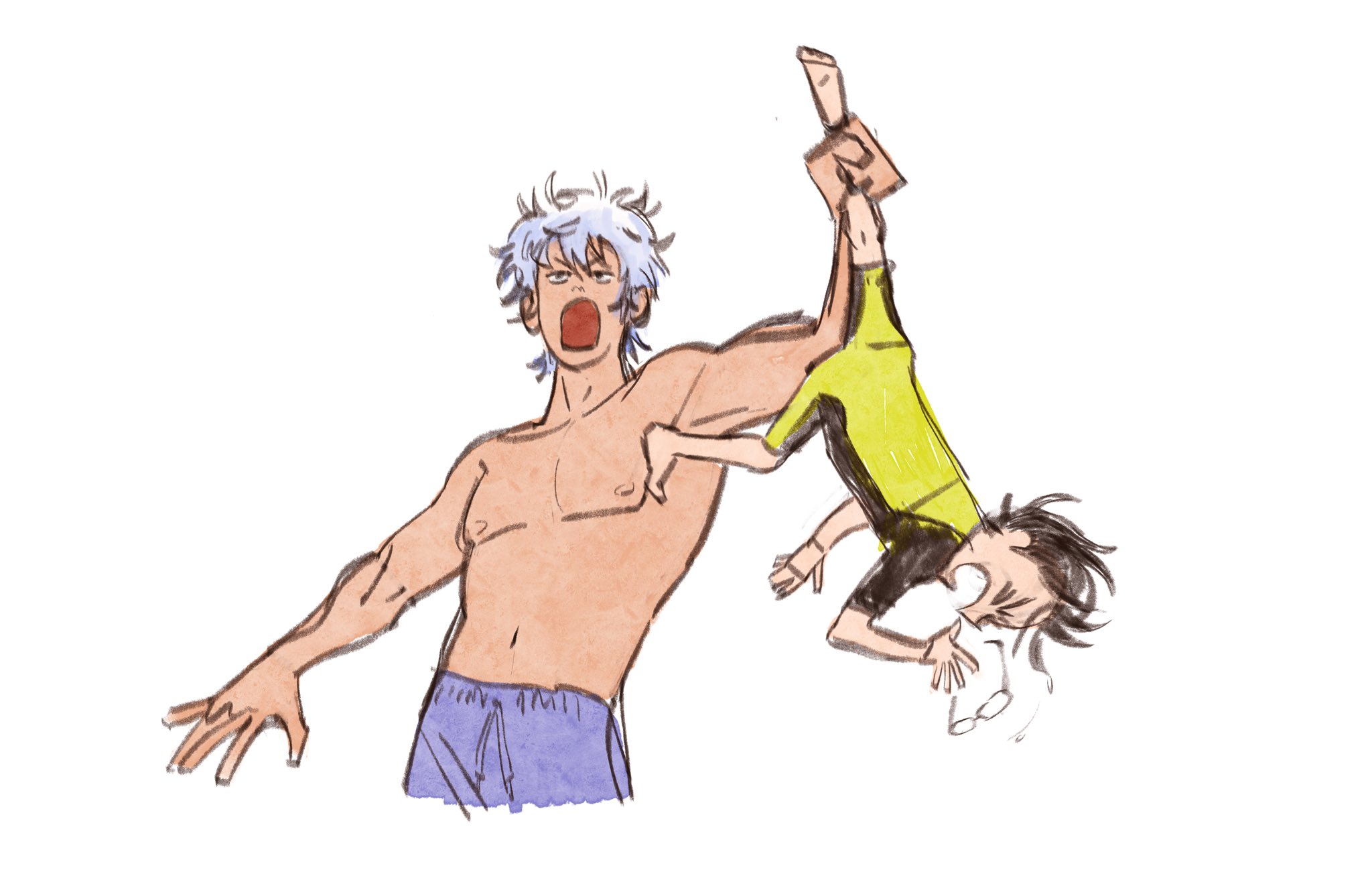 0000alisa, sakata gintoki, shimura shinpachi, gintama, commentary, english commentary, highres, > <, 2boys, black hair, carrying, carrying person, glasses, male focus, multiple boys, open mouth, short hair, shorts, topless male, upside-down, white hair