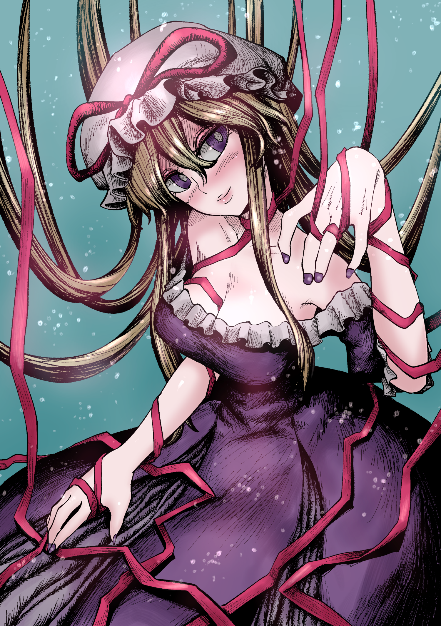morph426, yakumo yukari, touhou, highres, 1girl, air bubble, bare shoulders, blonde hair, blush, breasts, bright pupils, bubble, cleavage, closed mouth, collarbone, dress, floating hair, frills, hair between eyes, hand up, hat, large breasts, long hair, looking at viewer, mob cap, nail polish, off-shoulder dress, off shoulder, purple dress, purple eyes, purple nails, short sleeves, smile, solo, string, string of fate, underwater, white pupils