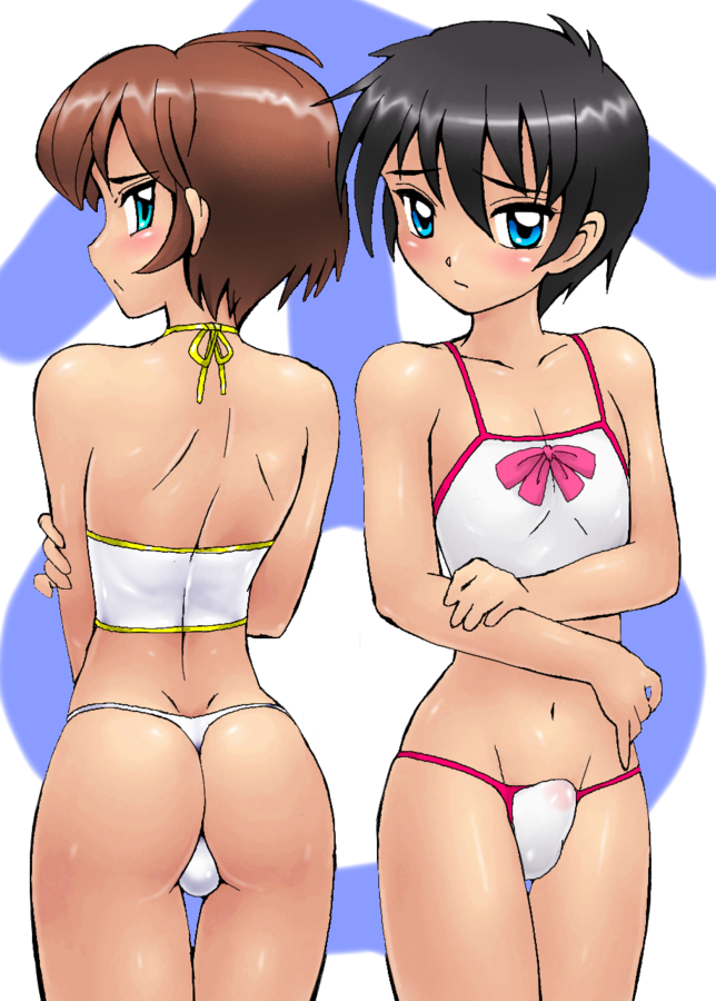 usura, 2boys, abstract background, ass, bare shoulders, bikini, black hair, blue eyes, blush, brown hair, bulge, crossdressing, crossdressing (mtf), erection, erection under clothes, groin, mars symbol, multiple boys, panties, penis in panties, shota, simple background, small penis, swimsuit, thong, trap, underwear, white background